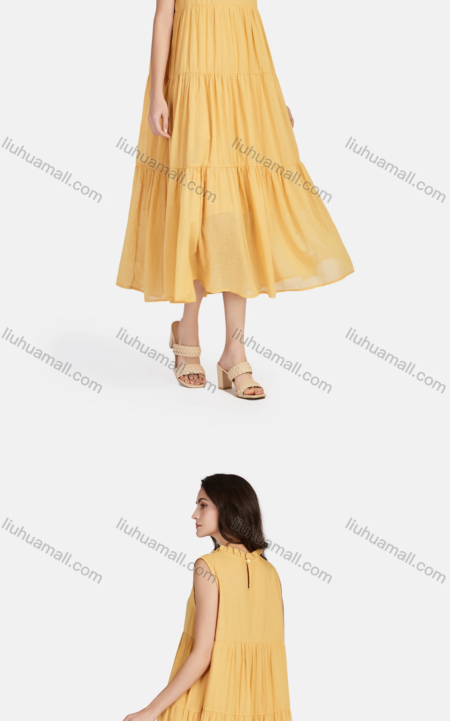 Wholesale Women's Casual Frill Neck Tiered Hem Midi Tank Dress 26252# - Liuhuamall