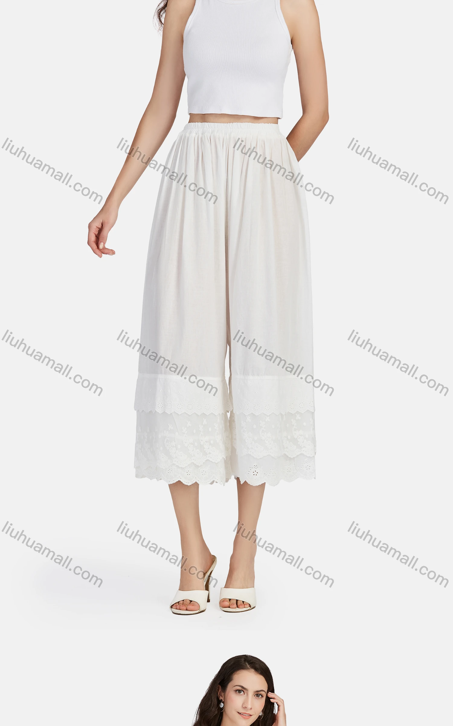 Wholesale Women's Casual Plain Eyelet Embroidered Lace Tiered Cropped Pants 56111# - Liuhuamall