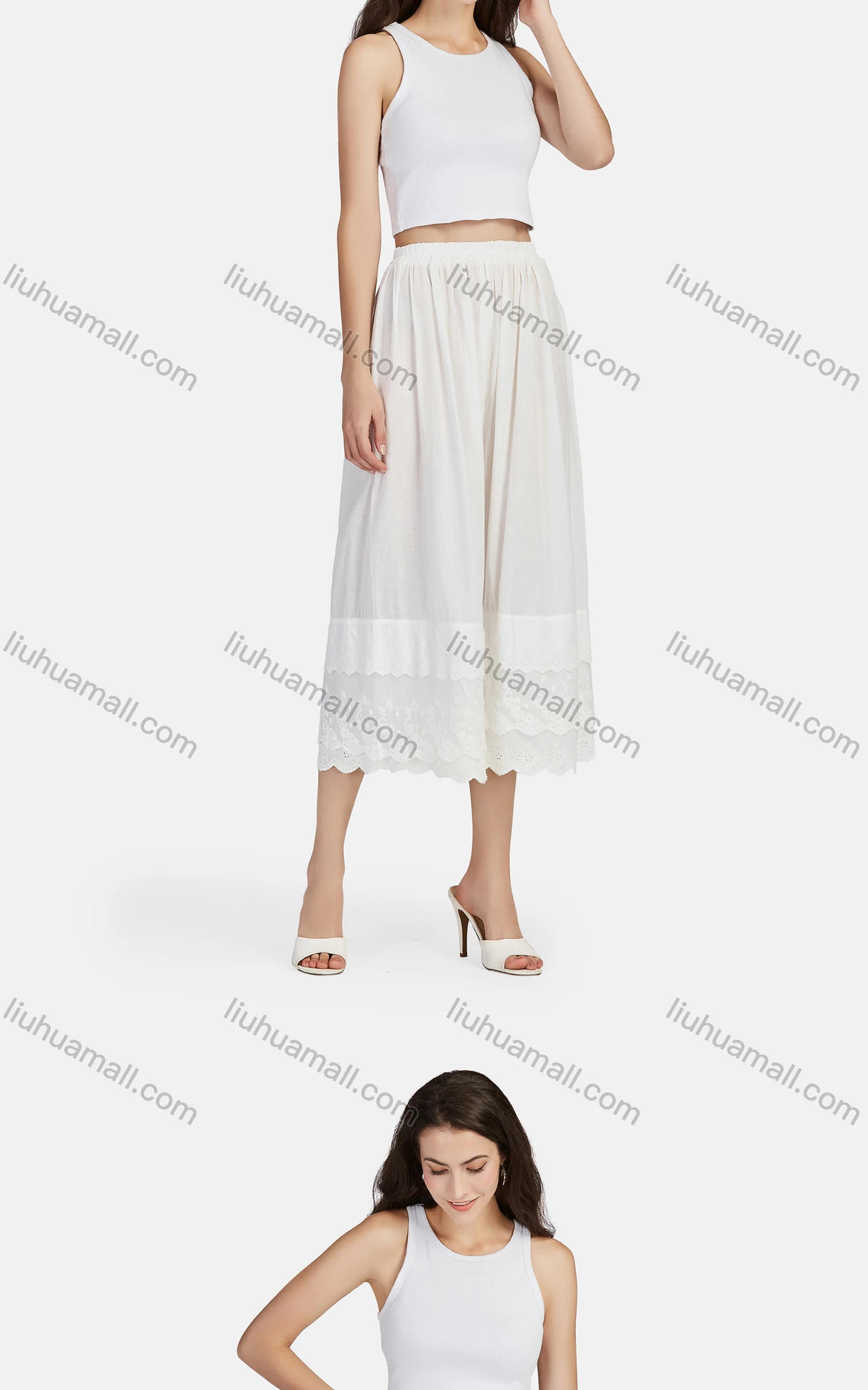 Wholesale Women's Casual Plain Eyelet Embroidered Lace Tiered Cropped Pants 56111# - Liuhuamall