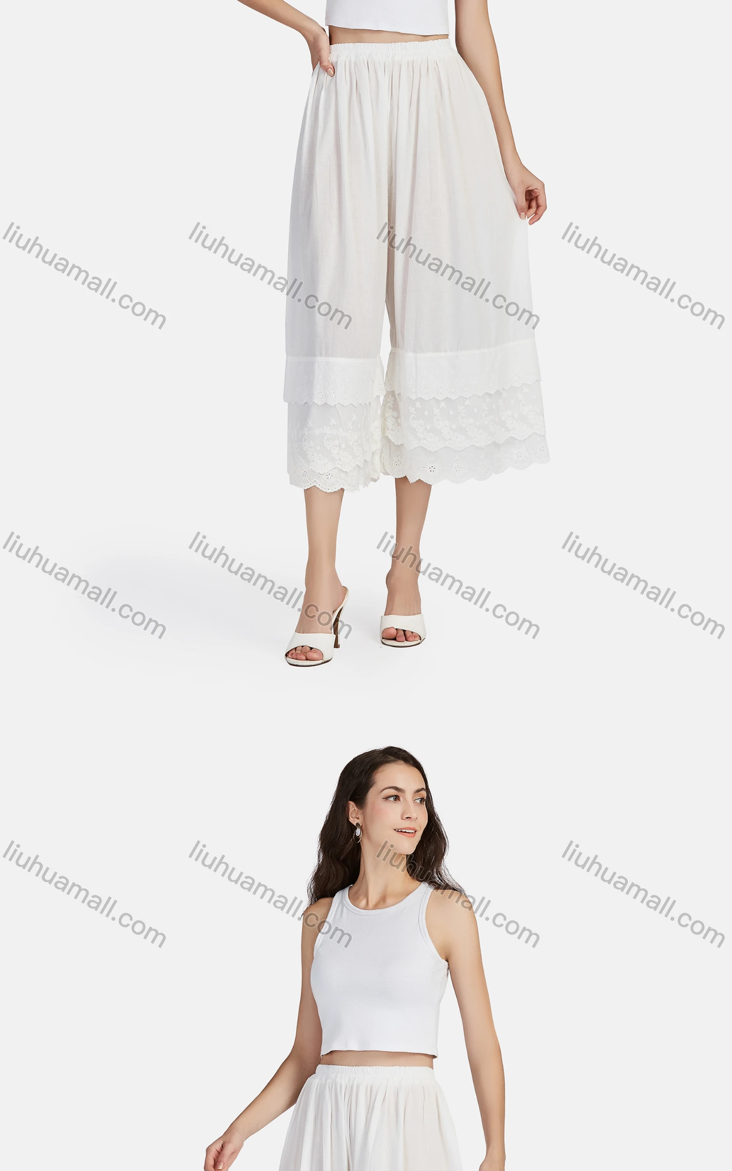 Wholesale Women's Casual Plain Eyelet Embroidered Lace Tiered Cropped Pants 56111# - Liuhuamall