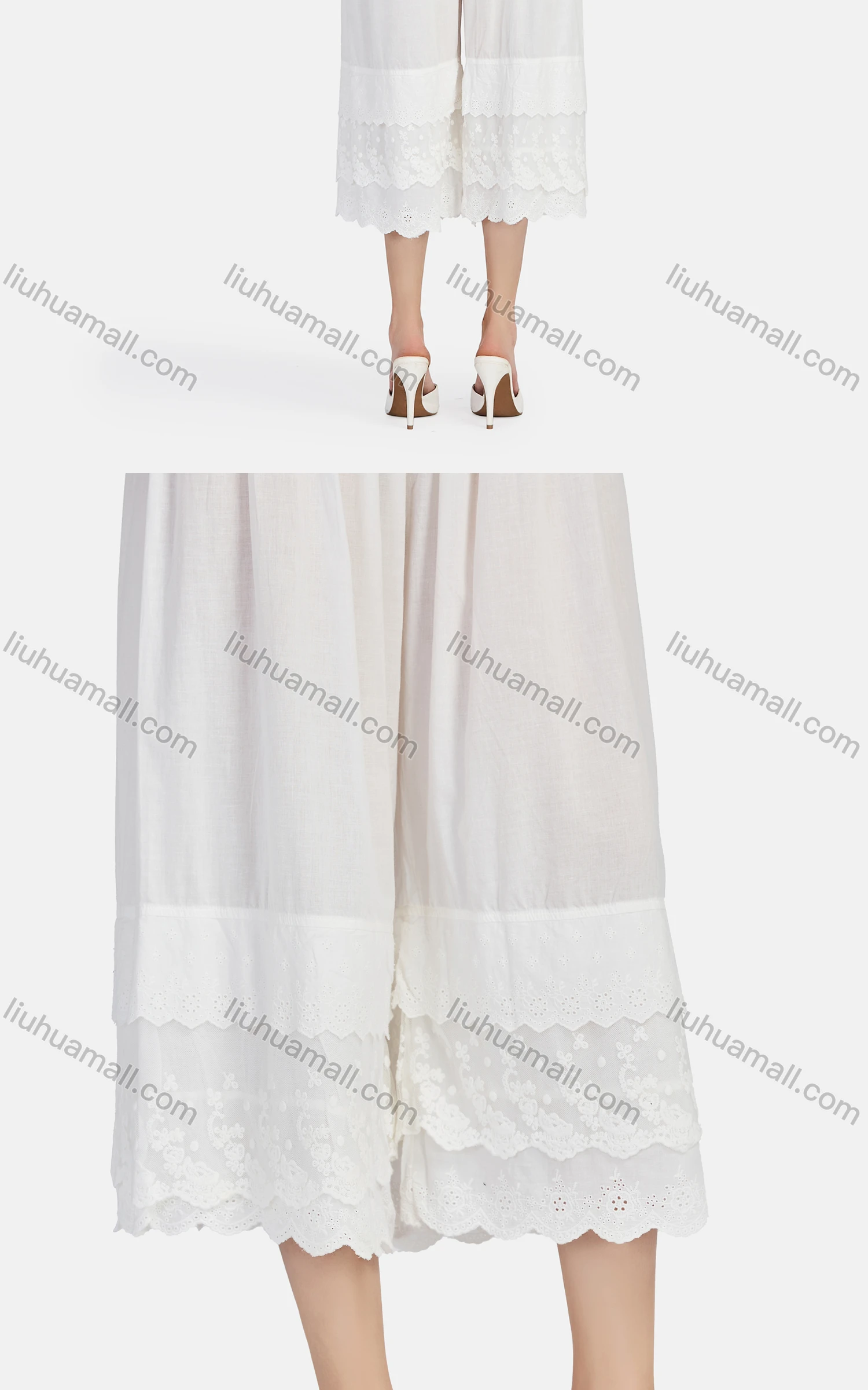 Wholesale Women's Casual Plain Eyelet Embroidered Lace Tiered Cropped Pants 56111# - Liuhuamall