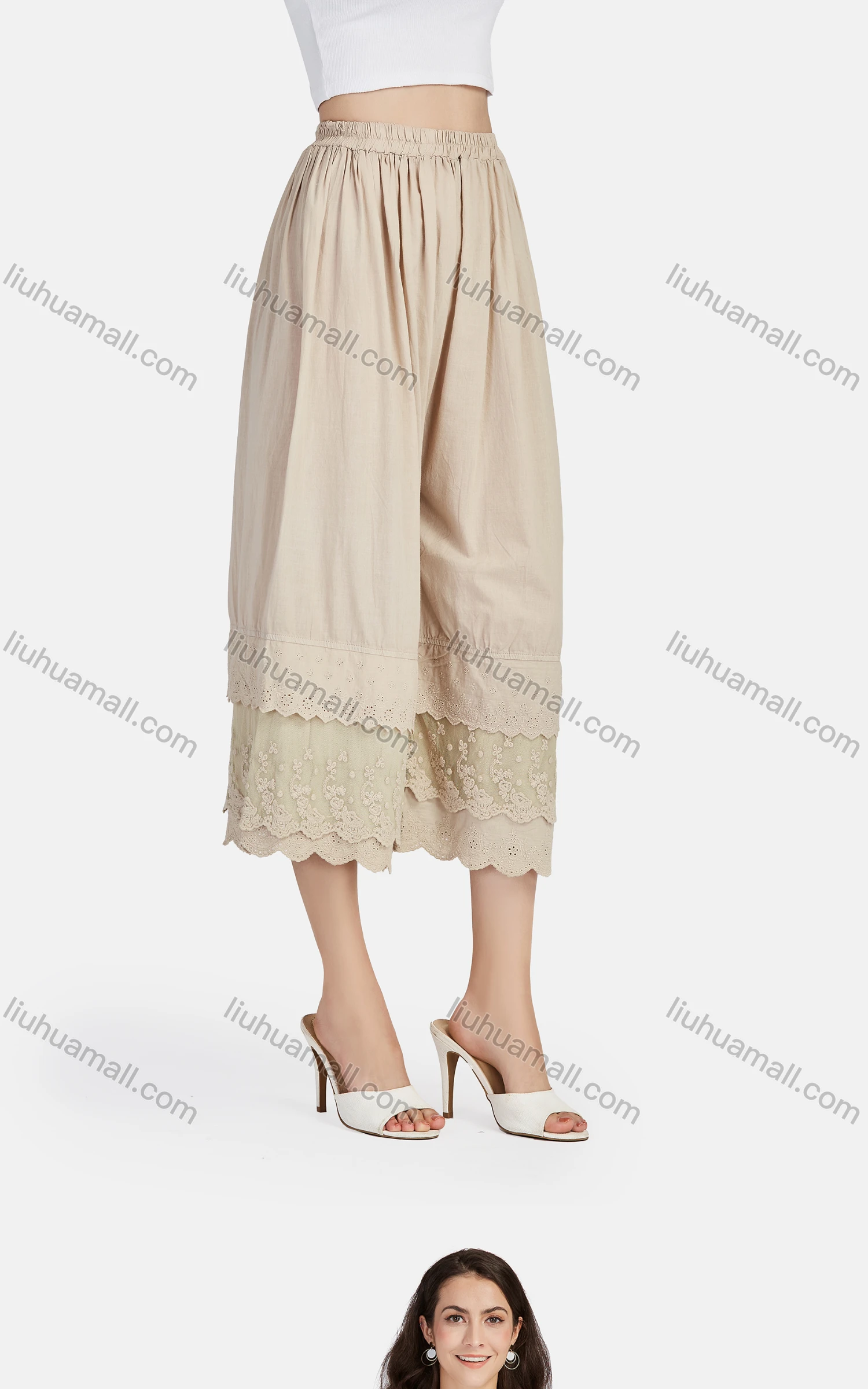 Wholesale Women's Casual Plain Eyelet Embroidered Lace Tiered Cropped Pants 56111# - Liuhuamall