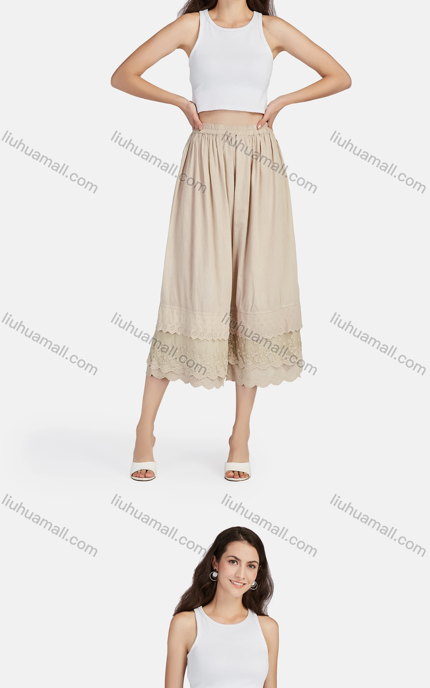 Wholesale Women's Casual Plain Eyelet Embroidered Lace Tiered Cropped Pants 56111# - Liuhuamall