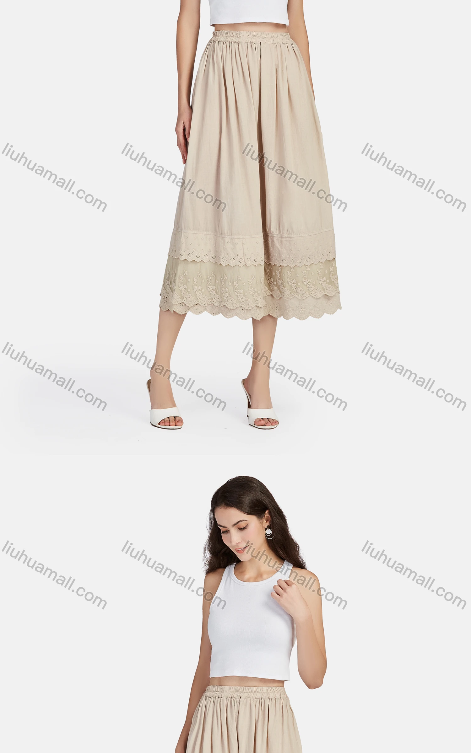 Wholesale Women's Casual Plain Eyelet Embroidered Lace Tiered Cropped Pants 56111# - Liuhuamall