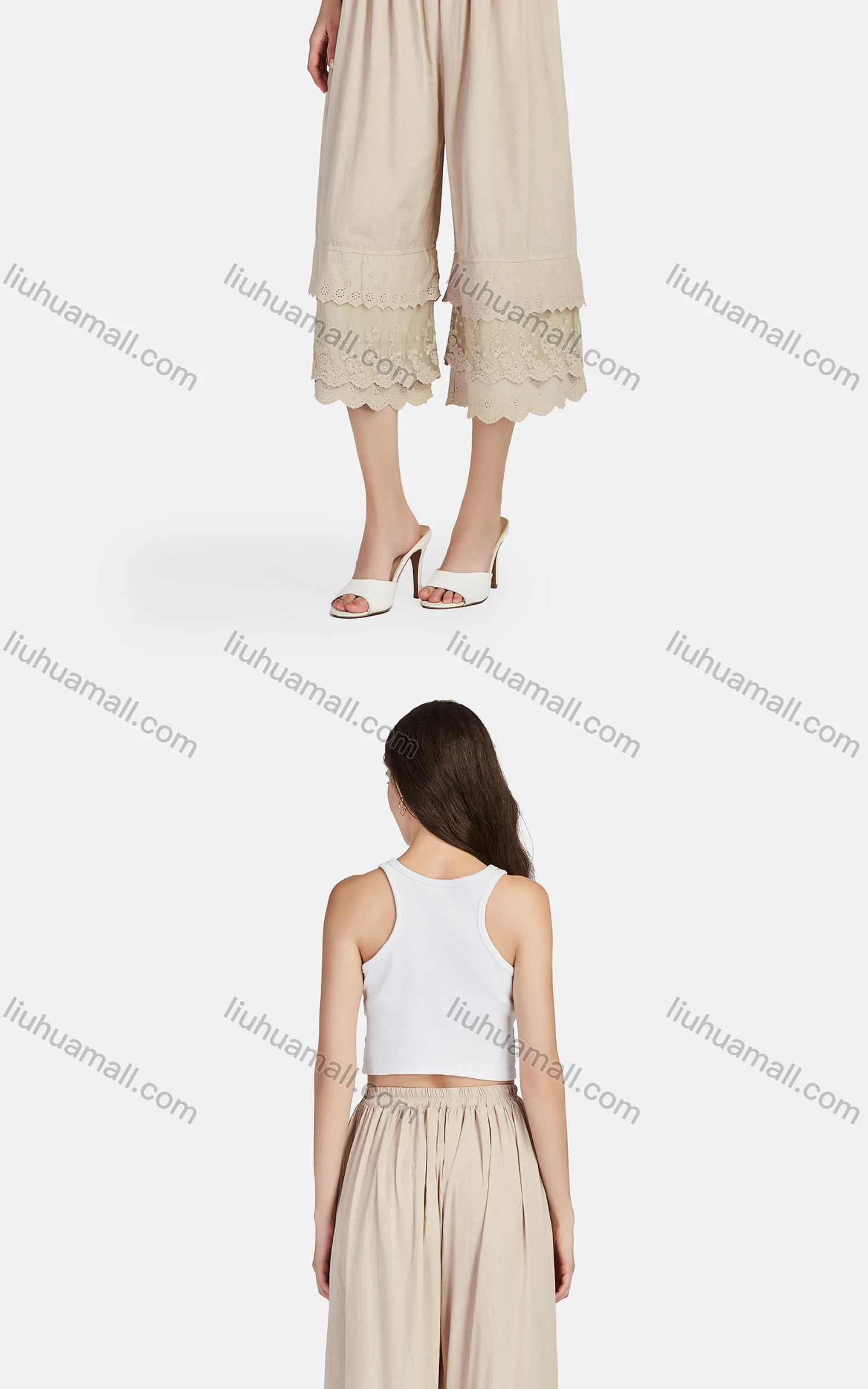 Wholesale Women's Casual Plain Eyelet Embroidered Lace Tiered Cropped Pants 56111# - Liuhuamall