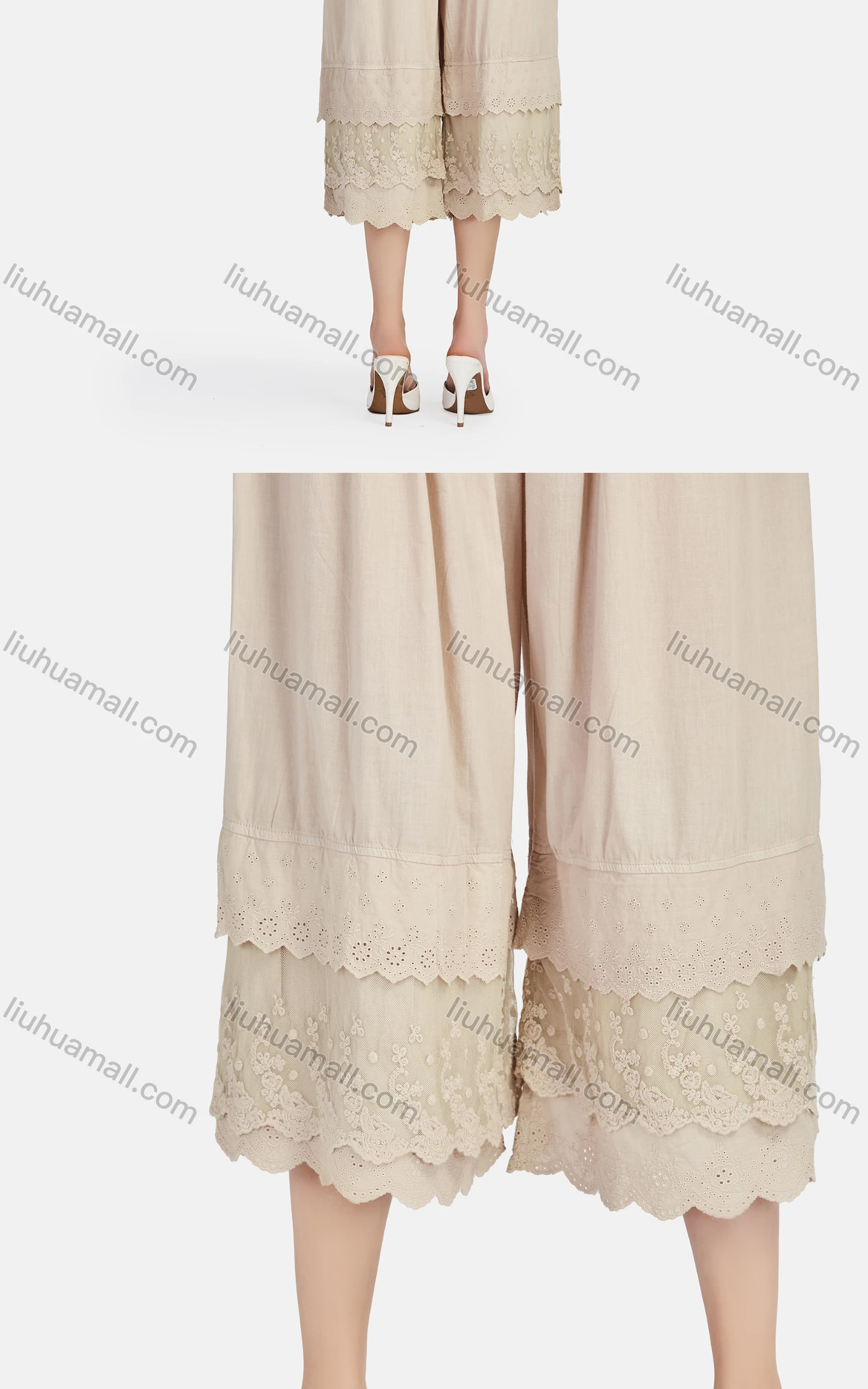 Wholesale Women's Casual Plain Eyelet Embroidered Lace Tiered Cropped Pants 56111# - Liuhuamall