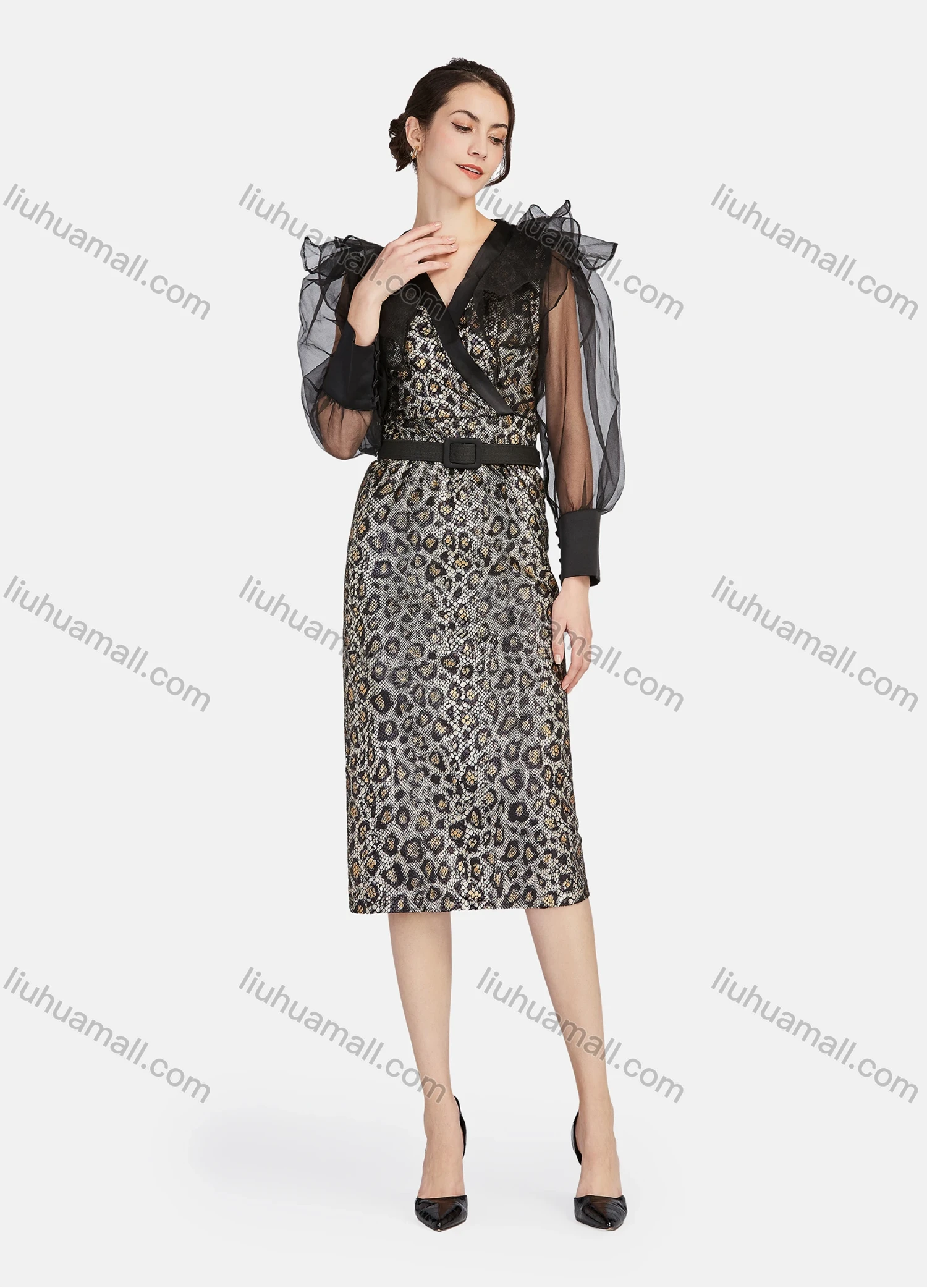 Wholesale Women's Elegant Leopard Print Mesh Splicing Wrap V Neck Lantern Sleeve Midi Dress With Belt - Liuhuamall