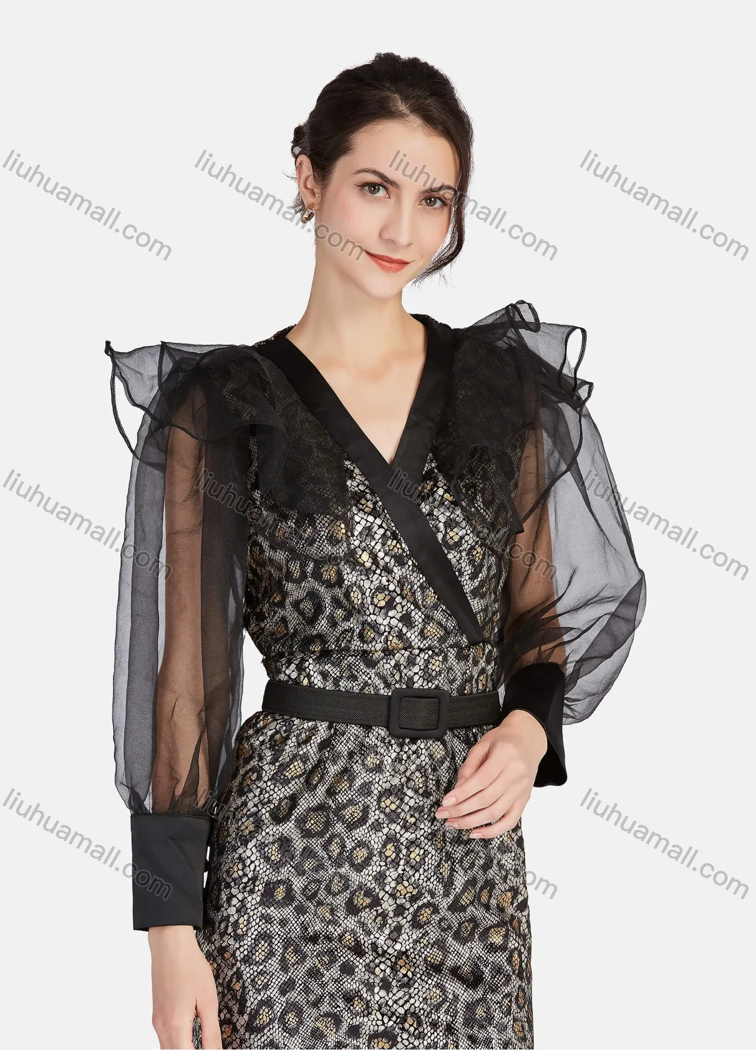 Wholesale Women's Elegant Leopard Print Mesh Splicing Wrap V Neck Lantern Sleeve Midi Dress With Belt - Liuhuamall