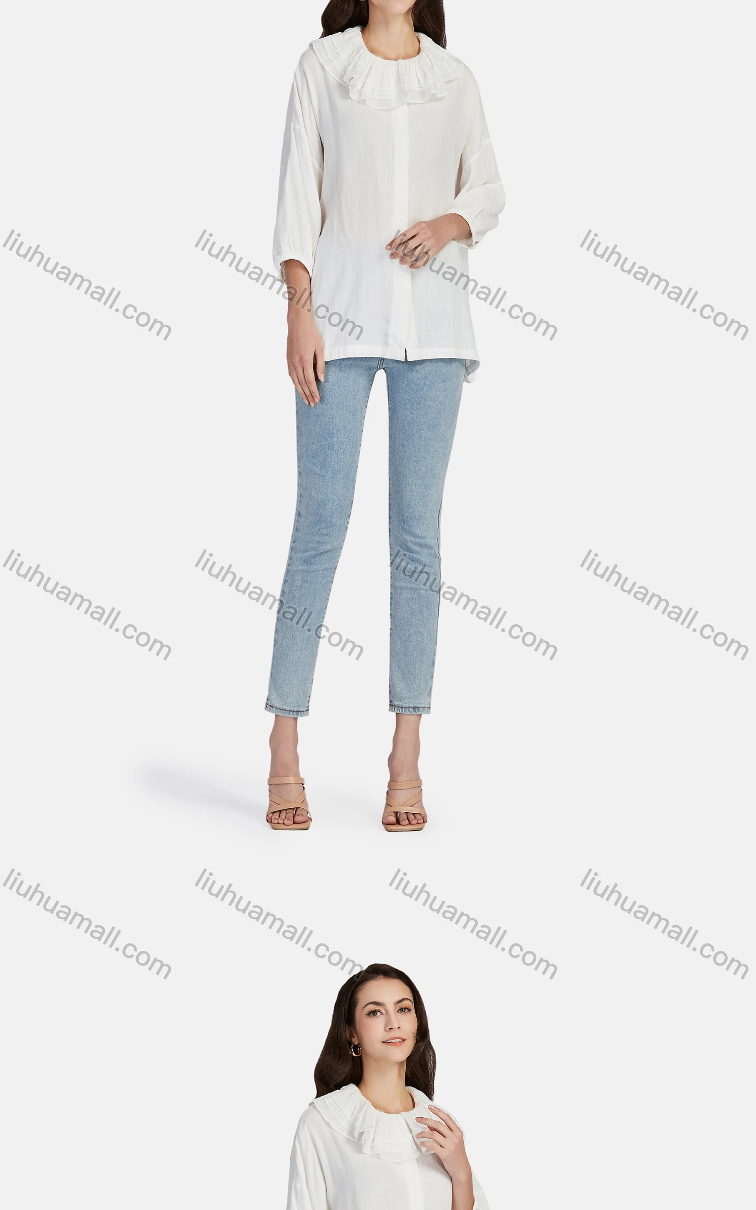 Wholesale Women's Casual Plain Ruffle Neck Elastic Cuff Split Front Blouse 66999# - Liuhuamall