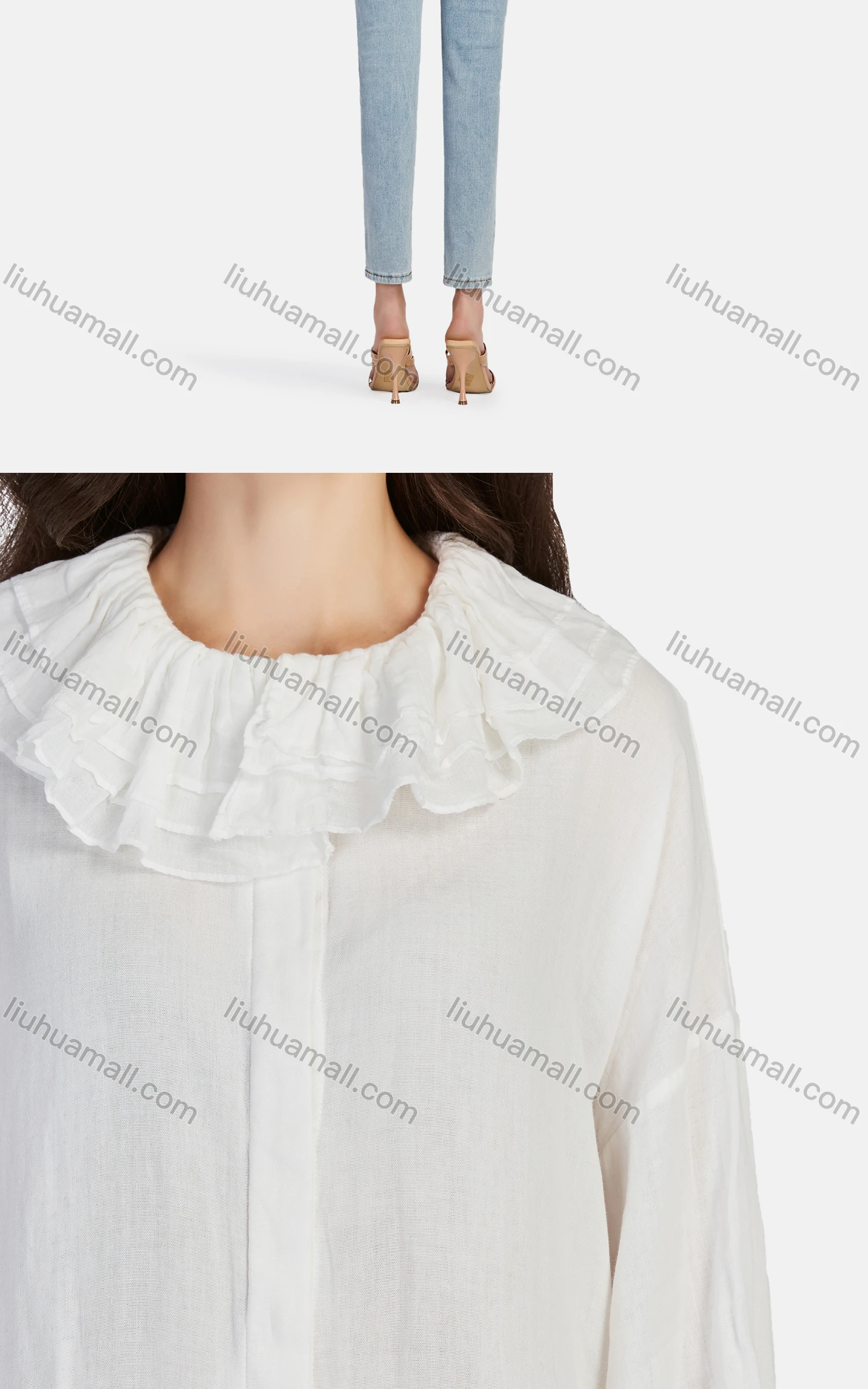Wholesale Women's Casual Plain Ruffle Neck Elastic Cuff Split Front Blouse 66999# - Liuhuamall