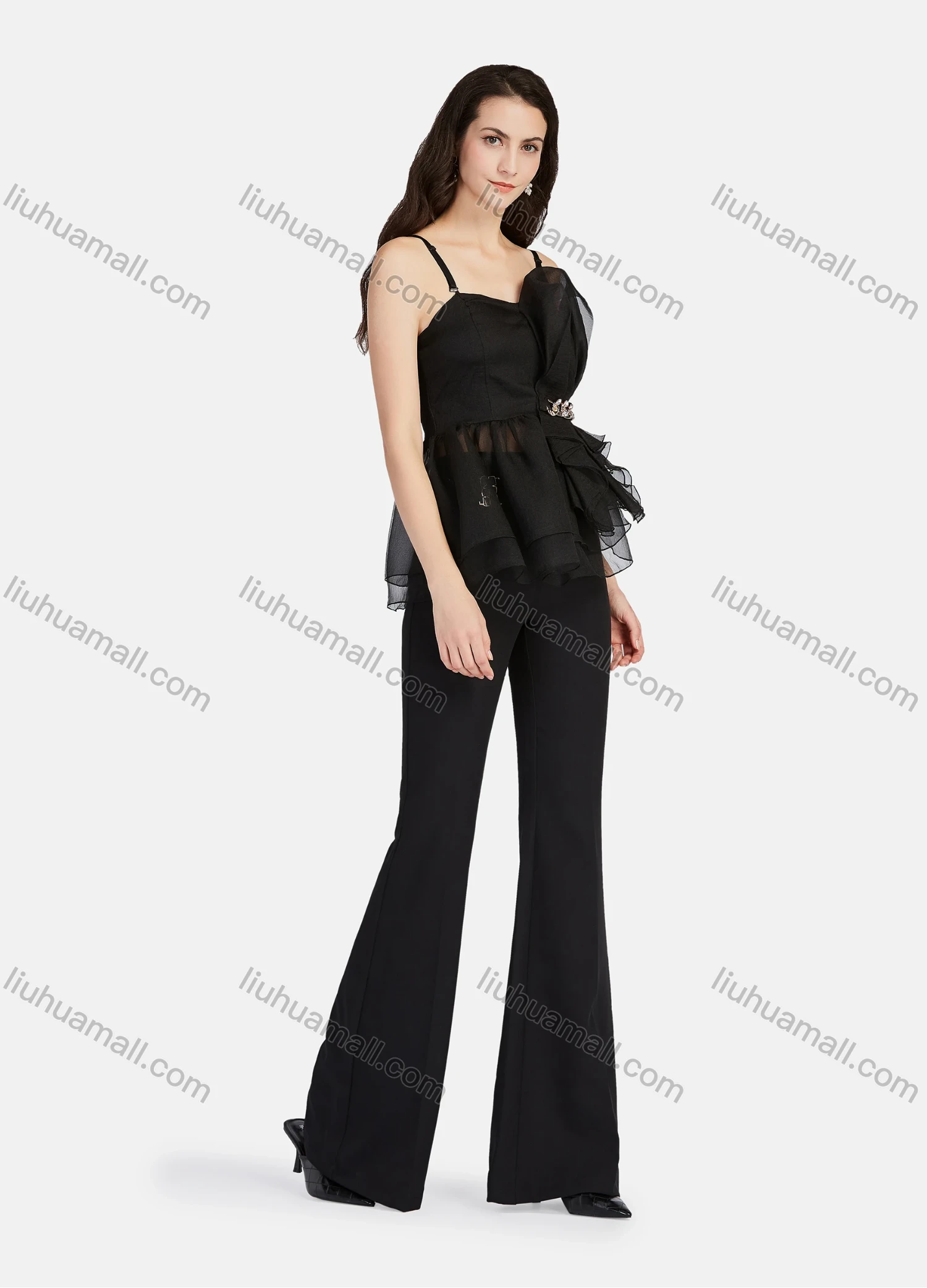 Wholesale Women's Fashion Elegant Ruffle Trim Mesh Layered Adjustable Sraps Cami Tops - Liuhuamall