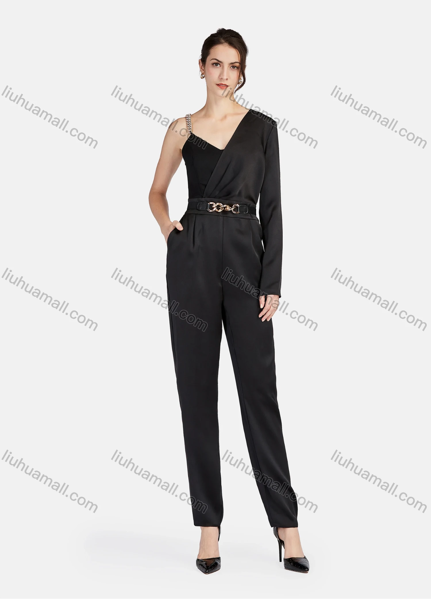 Wholesale Women's Fashion Elegant One Shoulder Cami Ankle Length Straight Leg Jumpsuit With Belt - Liuhuamall
