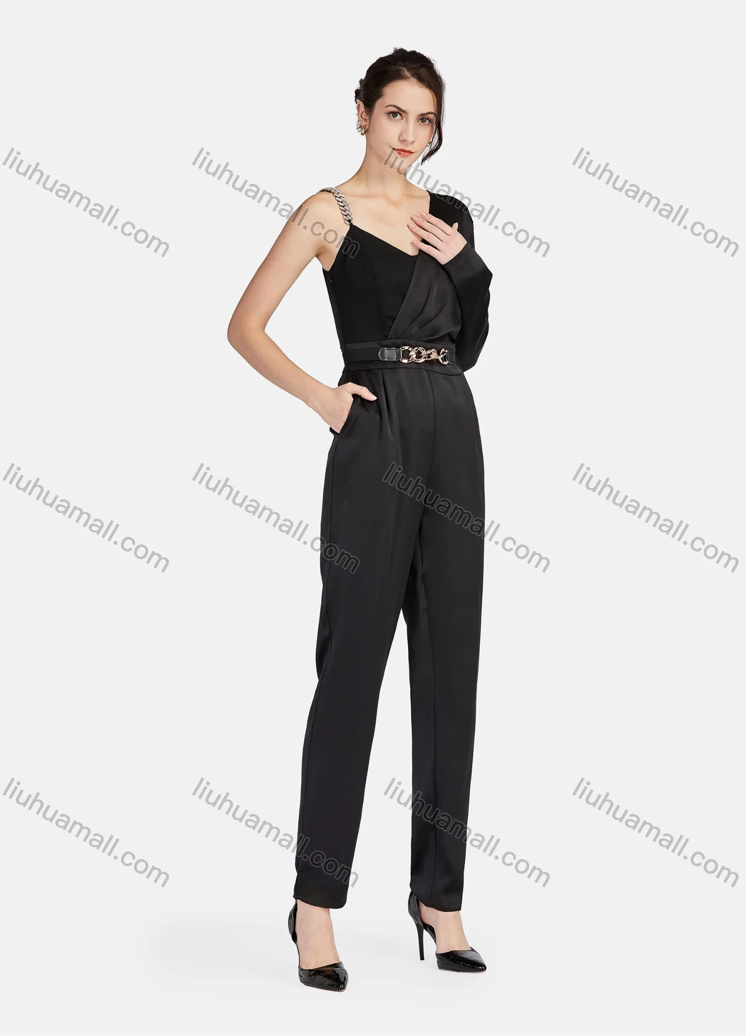 Wholesale Women's Fashion Elegant One Shoulder Cami Ankle Length Straight Leg Jumpsuit With Belt - Liuhuamall