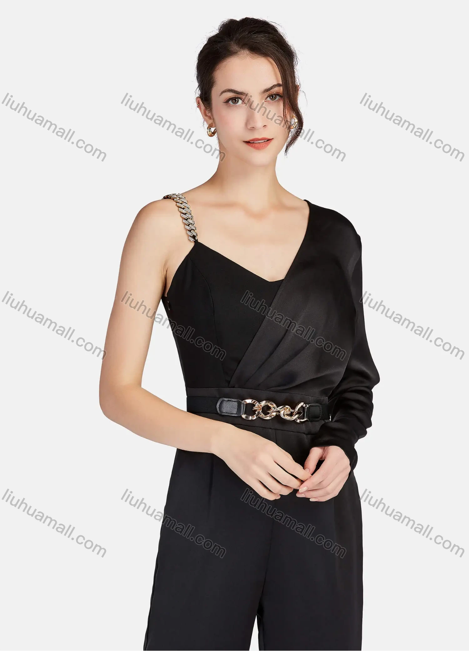 Wholesale Women's Fashion Elegant One Shoulder Cami Ankle Length Straight Leg Jumpsuit With Belt - Liuhuamall