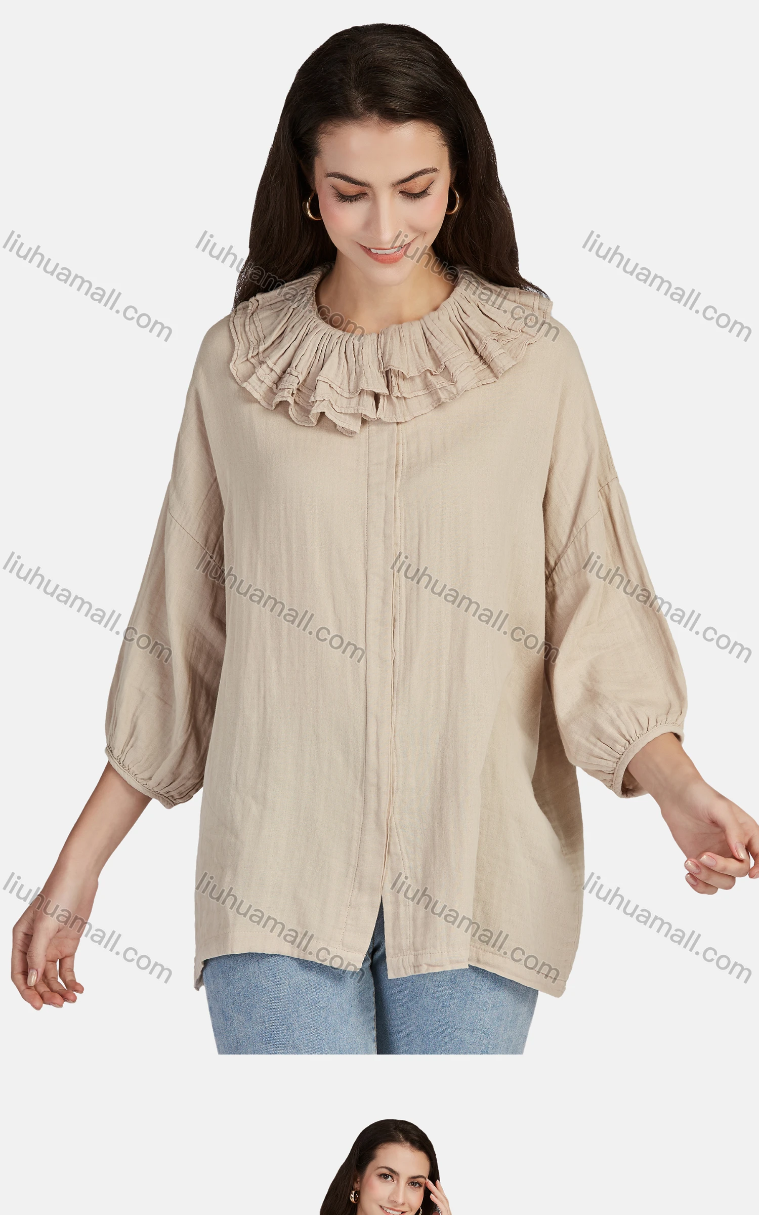 Wholesale Women's Casual Plain Ruffle Neck Elastic Cuff Split Front Blouse 66999# - Liuhuamall