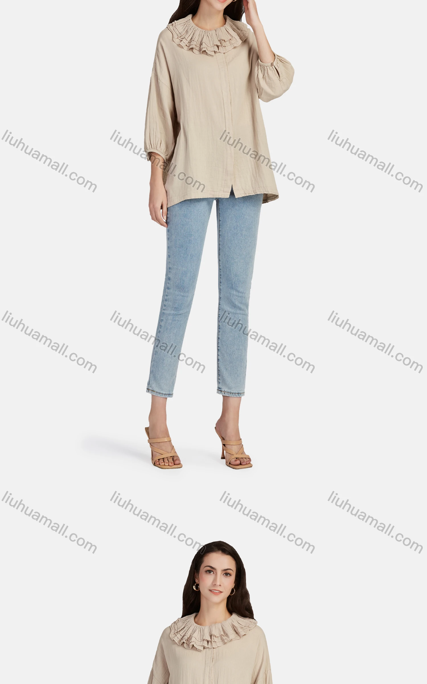 Wholesale Women's Casual Plain Ruffle Neck Elastic Cuff Split Front Blouse 66999# - Liuhuamall