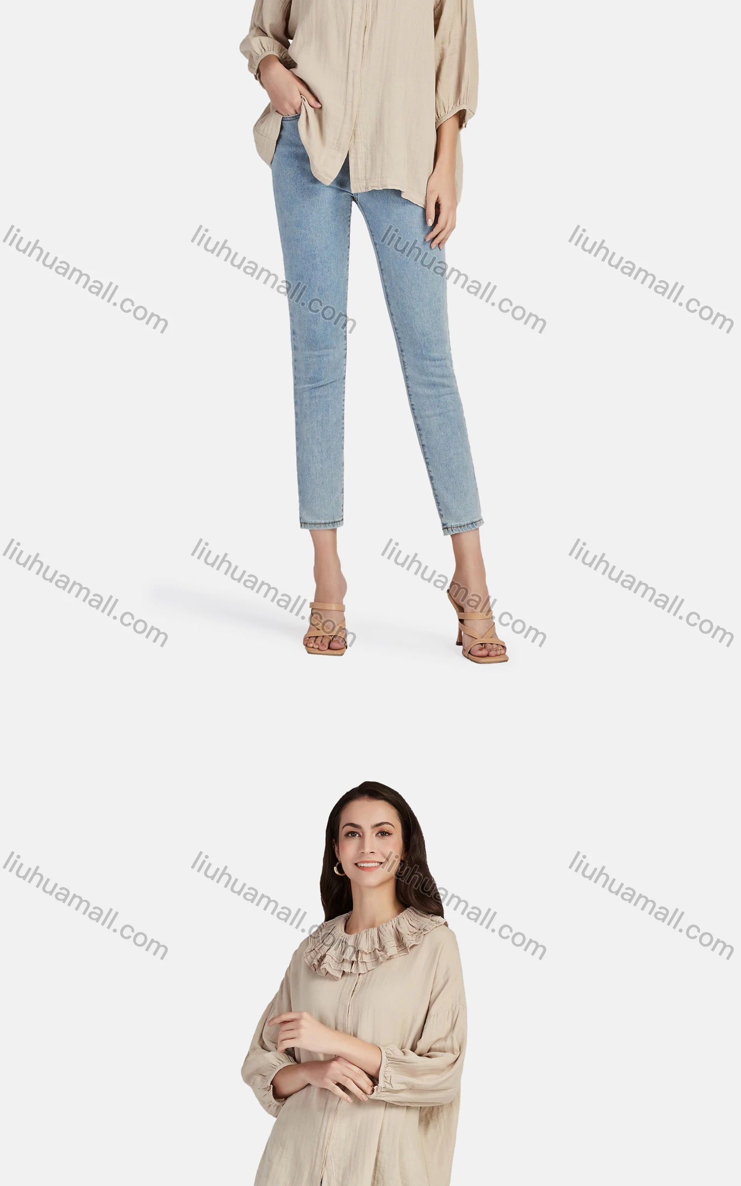 Wholesale Women's Casual Plain Ruffle Neck Elastic Cuff Split Front Blouse 66999# - Liuhuamall