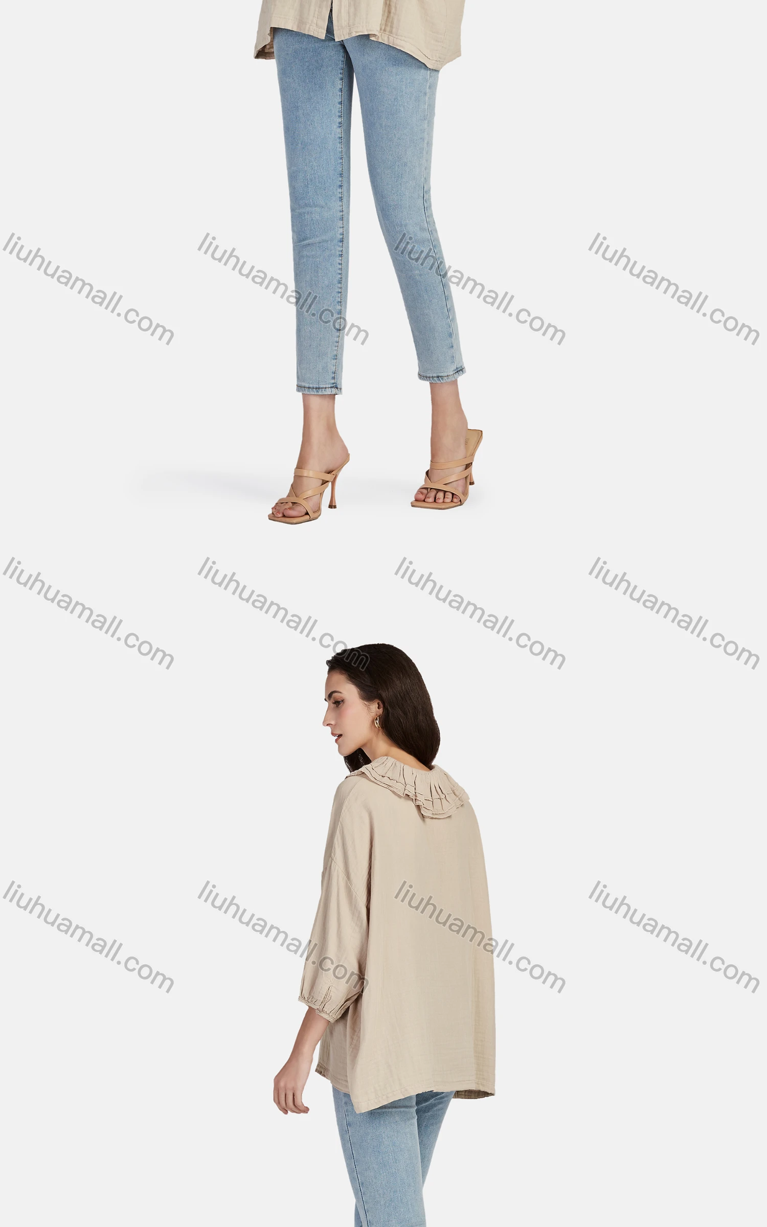 Wholesale Women's Casual Plain Ruffle Neck Elastic Cuff Split Front Blouse 66999# - Liuhuamall