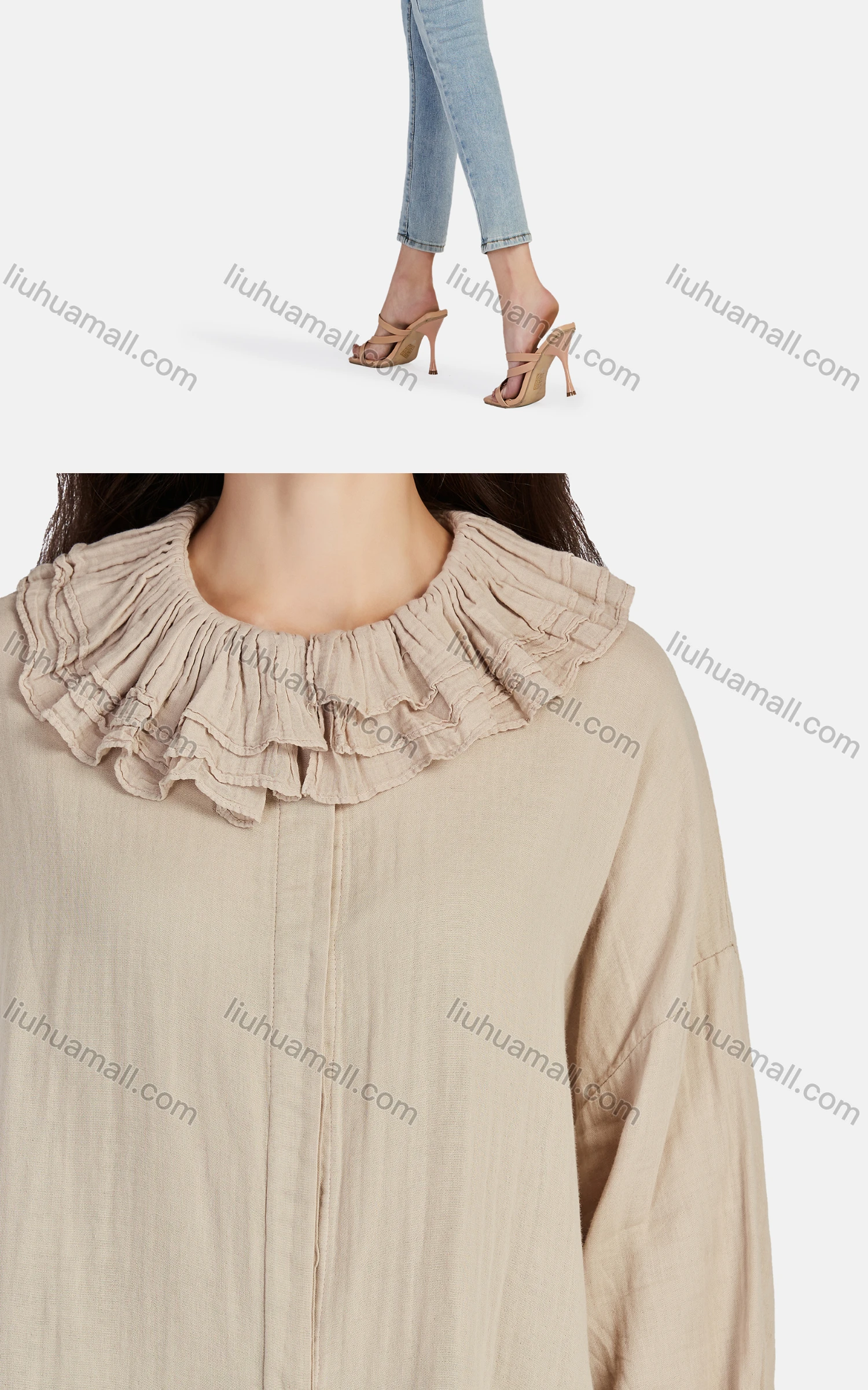 Wholesale Women's Casual Plain Ruffle Neck Elastic Cuff Split Front Blouse 66999# - Liuhuamall