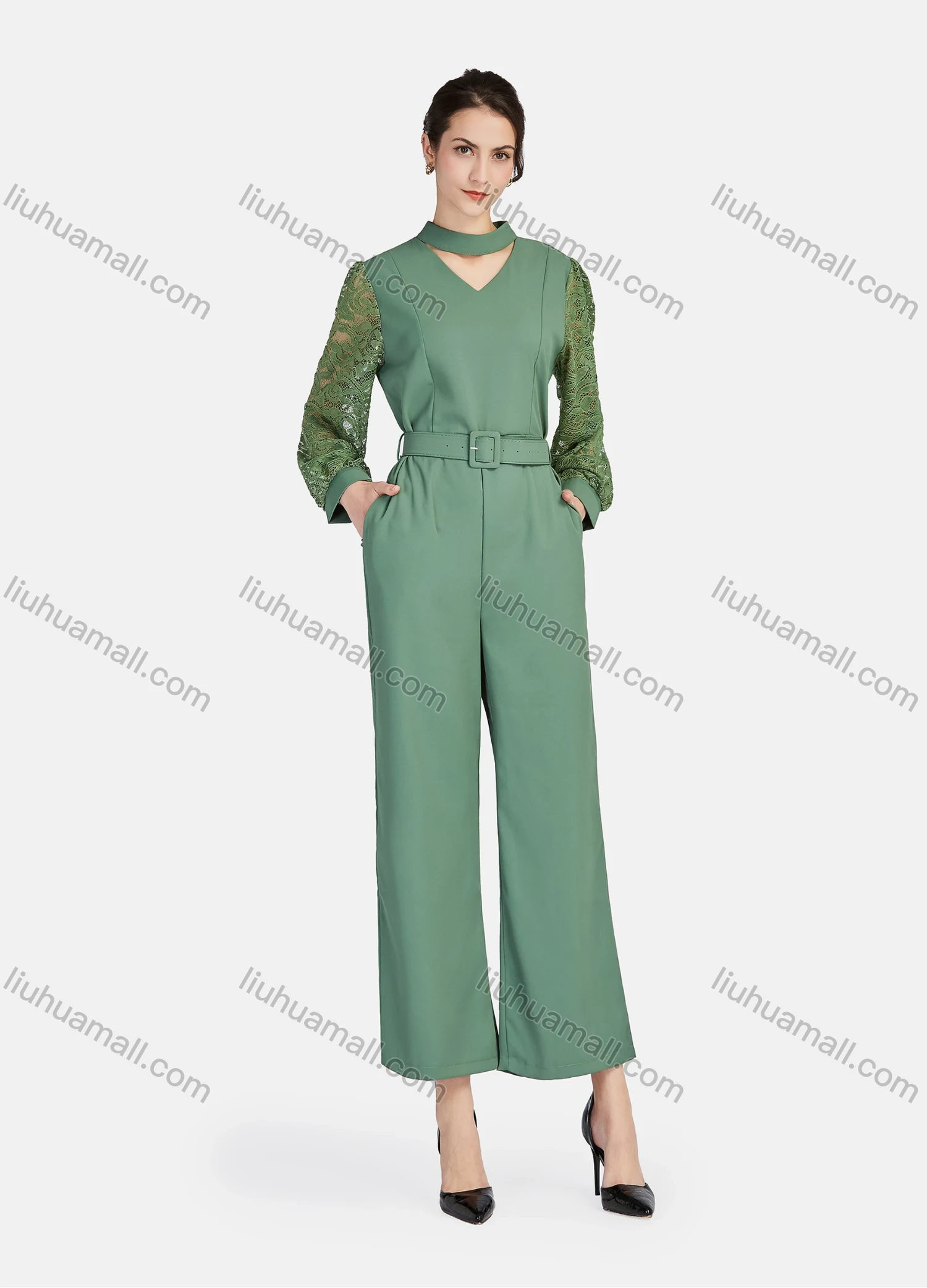 Wholesale Women's Elegant Mock Neck Cut Out Guipure Lace Long Sleeve Wide Leg Ankle Length Jumpsuit With Belt - Liuhuamall