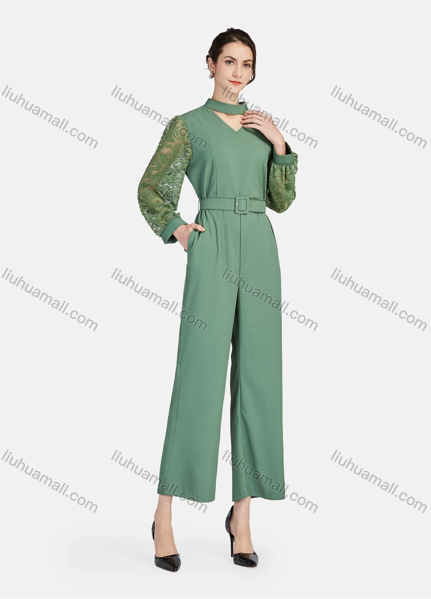 Wholesale Women's Elegant Mock Neck Cut Out Guipure Lace Long Sleeve Wide Leg Ankle Length Jumpsuit With Belt - Liuhuamall