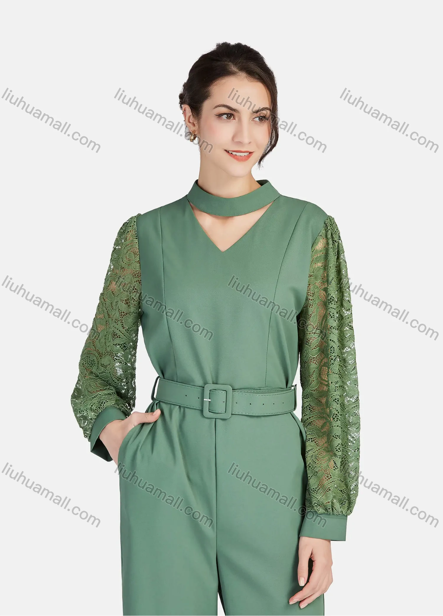 Wholesale Women's Elegant Mock Neck Cut Out Guipure Lace Long Sleeve Wide Leg Ankle Length Jumpsuit With Belt - Liuhuamall