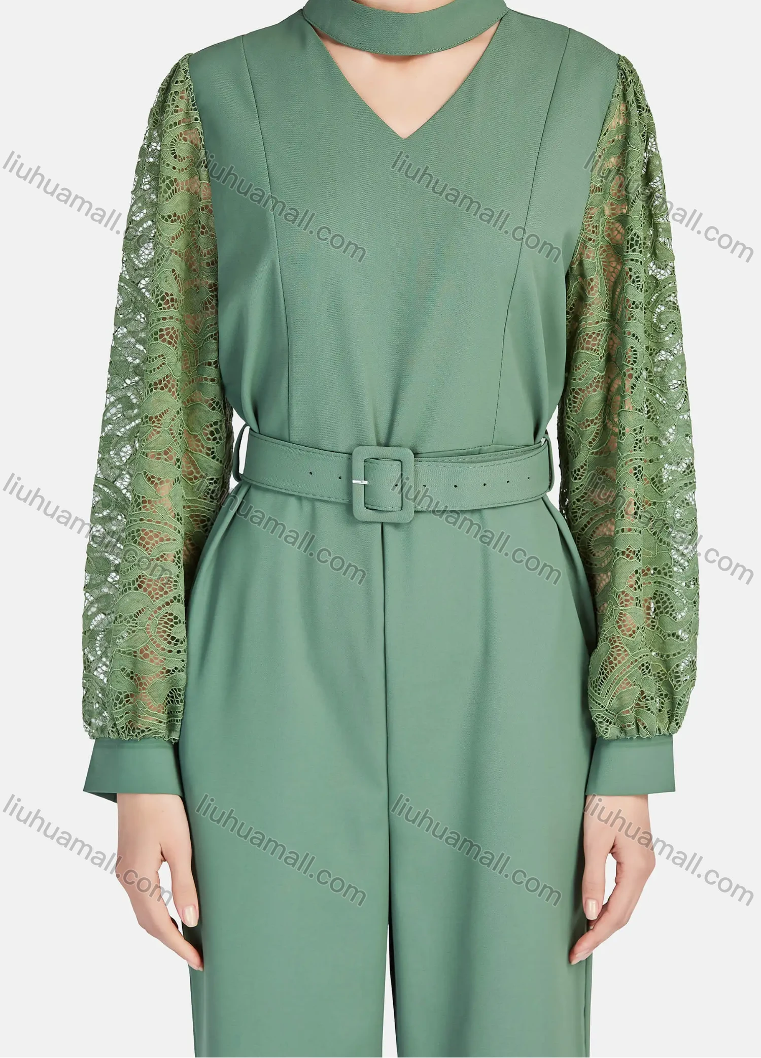 Wholesale Women's Elegant Mock Neck Cut Out Guipure Lace Long Sleeve Wide Leg Ankle Length Jumpsuit With Belt - Liuhuamall