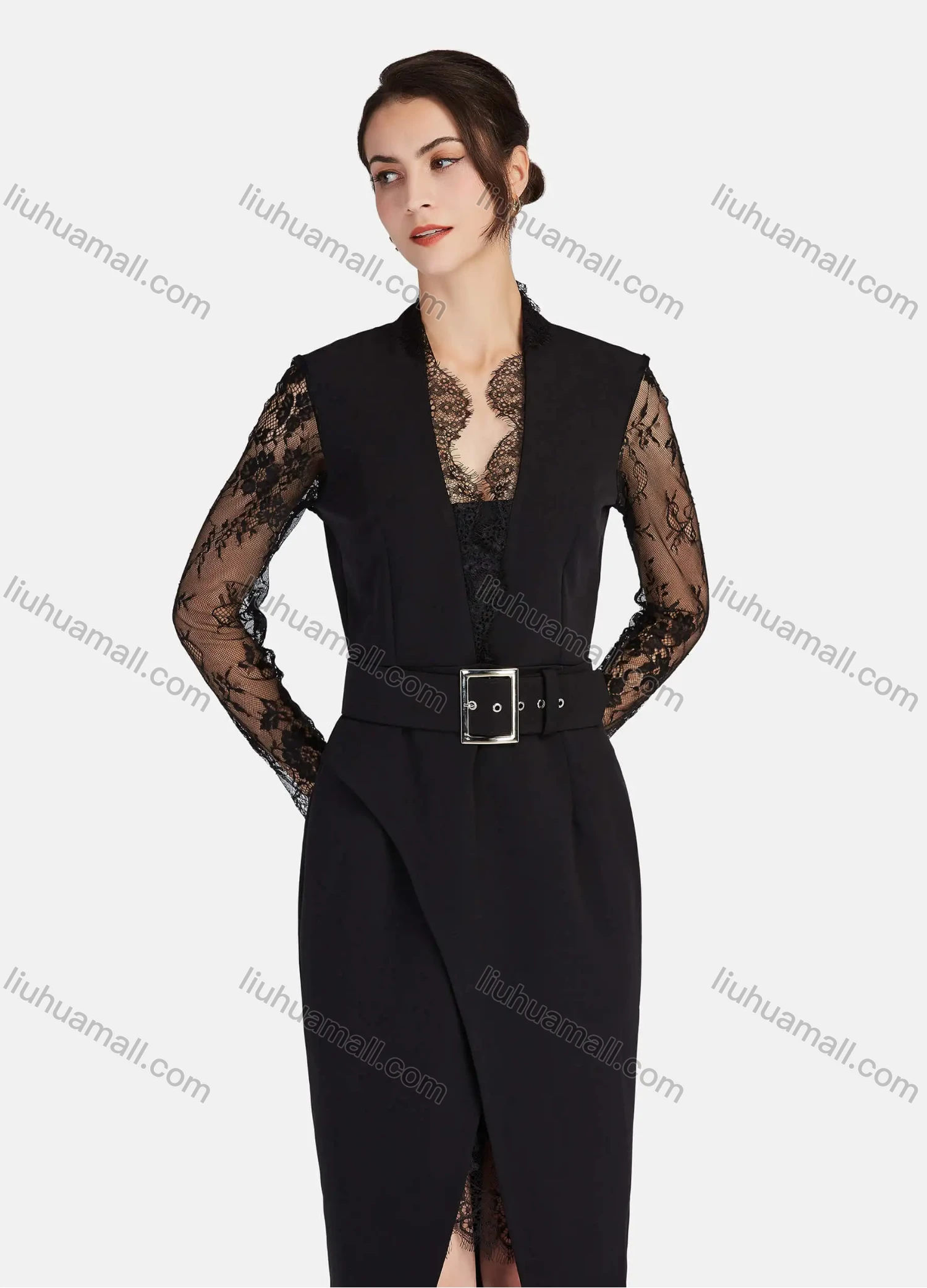 Wholesale Women's Elegant Lace Trim Deep V Neck Guipure Lace Long Sleeve Wrap Hem Midi Dress With Belt - Liuhuamall