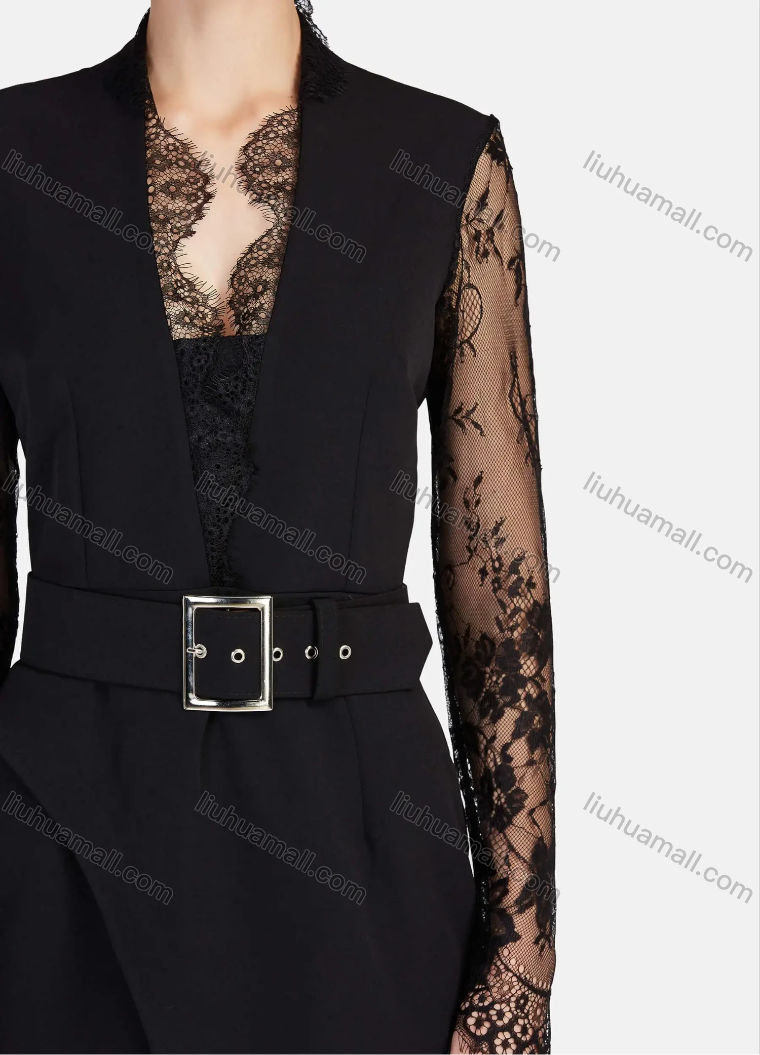 Wholesale Women's Elegant Lace Trim Deep V Neck Guipure Lace Long Sleeve Wrap Hem Midi Dress With Belt - Liuhuamall