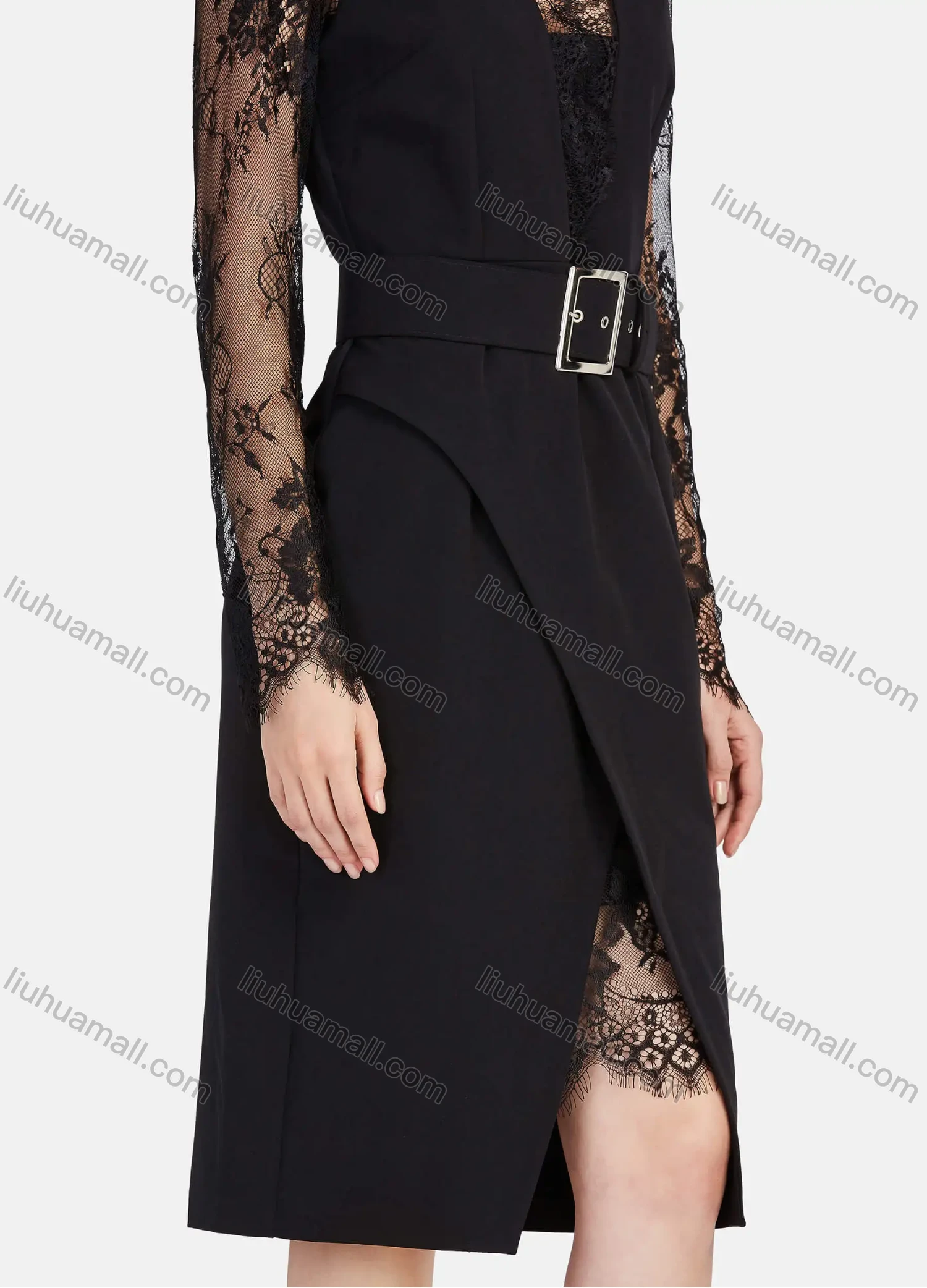 Wholesale Women's Elegant Lace Trim Deep V Neck Guipure Lace Long Sleeve Wrap Hem Midi Dress With Belt - Liuhuamall