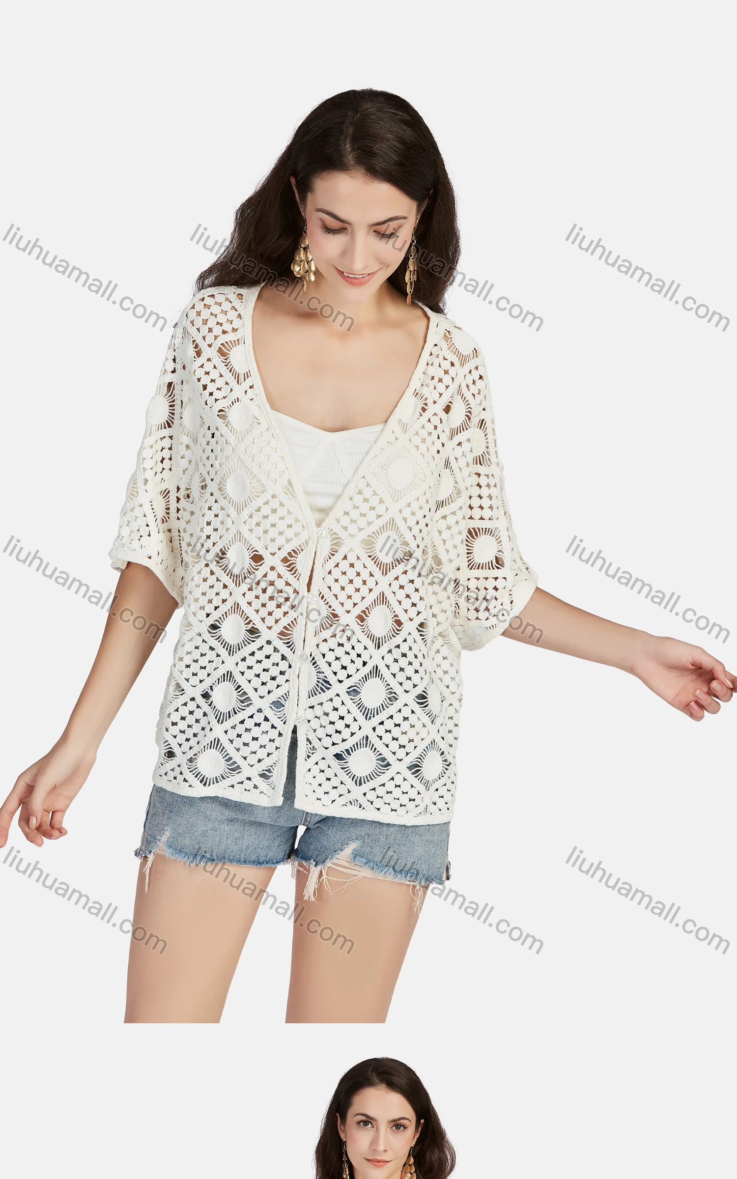 Wholesale Women's Casual V Neck Half Sleeve Hollow Out Button Front Cover Up Cardigan 67037# - Liuhuamall
