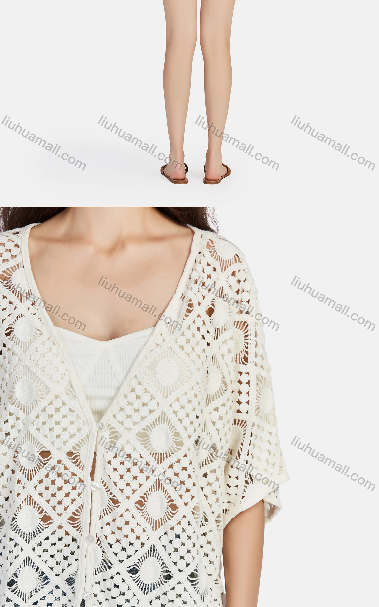 Wholesale Women's Casual V Neck Half Sleeve Hollow Out Button Front Cover Up Cardigan 67037# - Liuhuamall