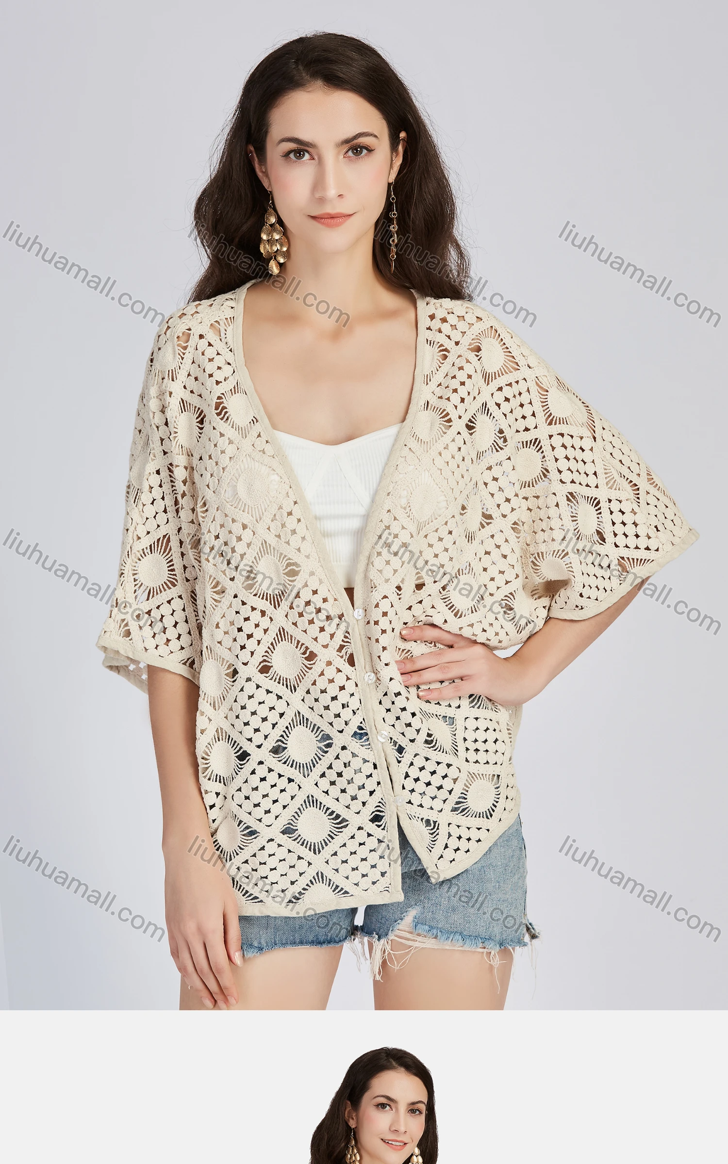 Wholesale Women's Casual V Neck Half Sleeve Hollow Out Button Front Cover Up Cardigan 67037# - Liuhuamall