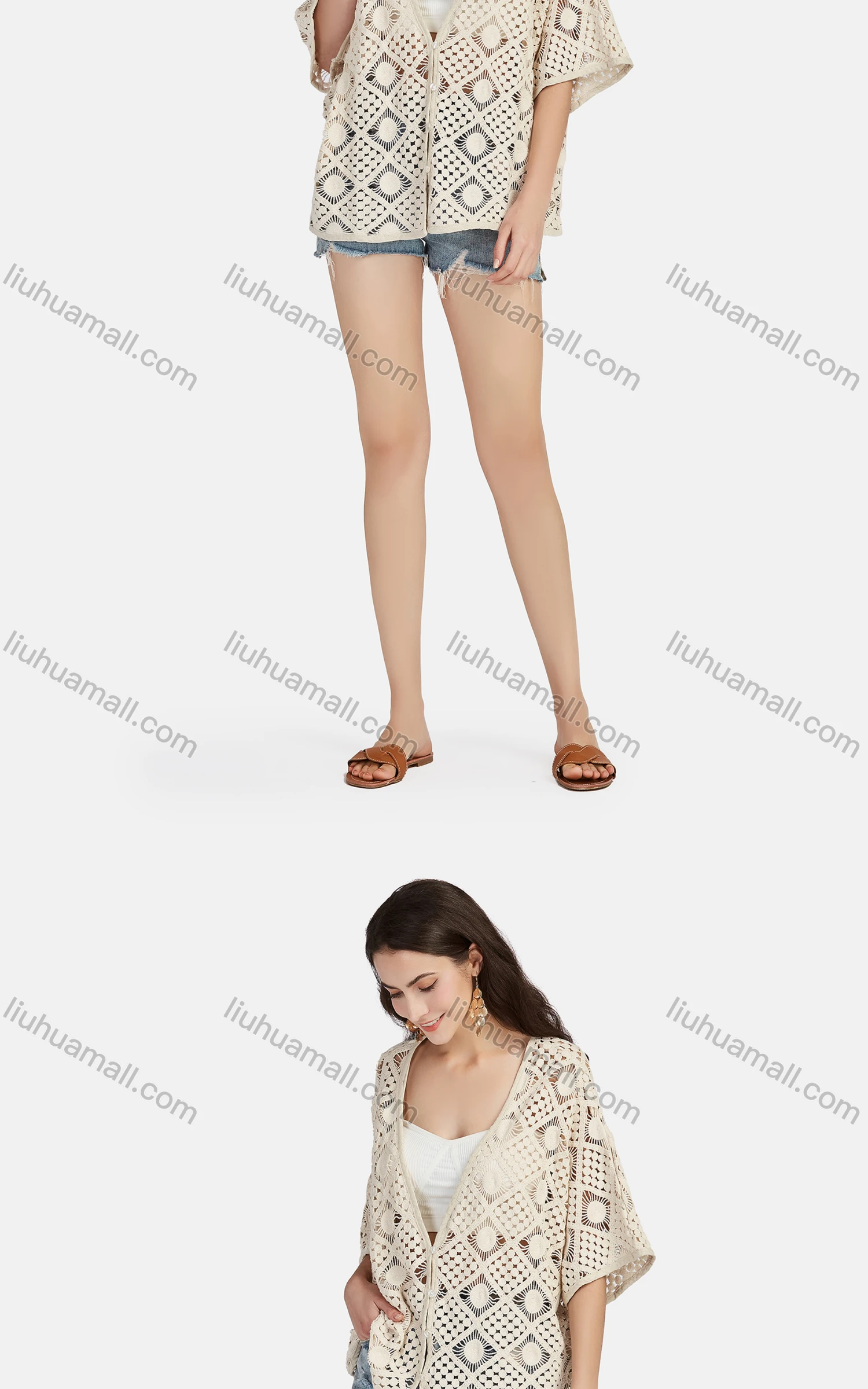 Wholesale Women's Casual V Neck Half Sleeve Hollow Out Button Front Cover Up Cardigan 67037# - Liuhuamall