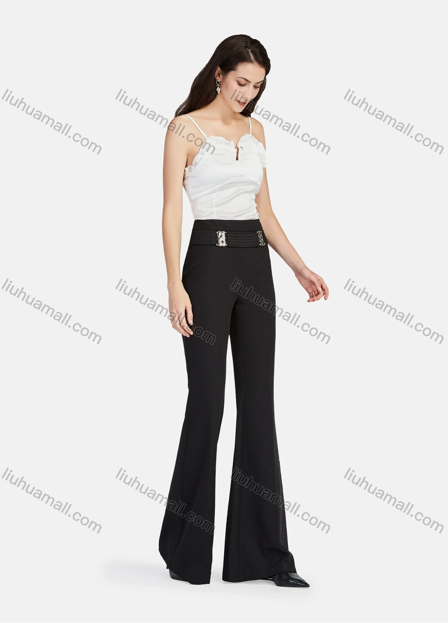 Wholesale Women's Elegant Plain Elastic High Waist Flare Leg Pants - Liuhuamall