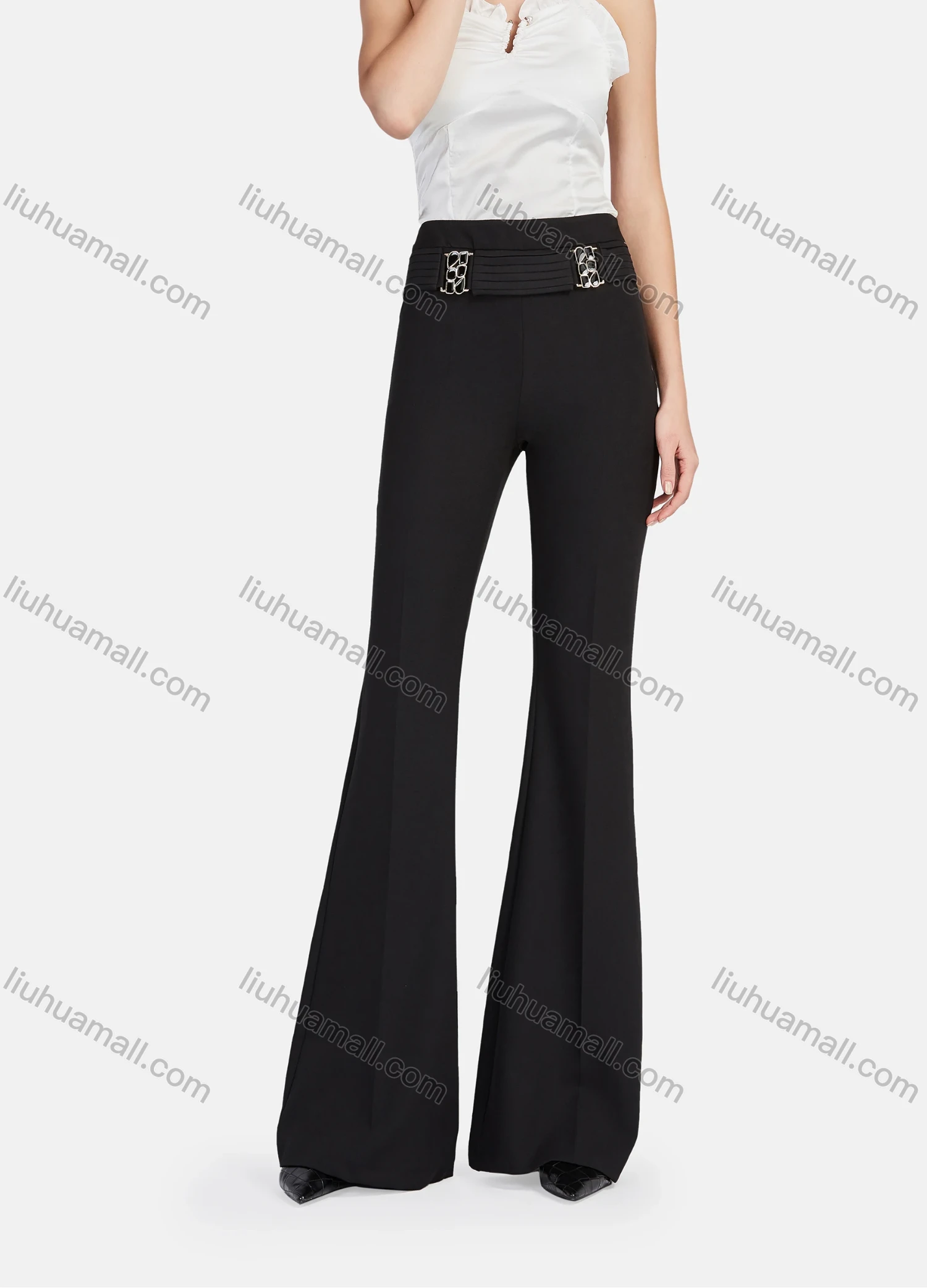 Wholesale Women's Elegant Plain Elastic High Waist Flare Leg Pants - Liuhuamall