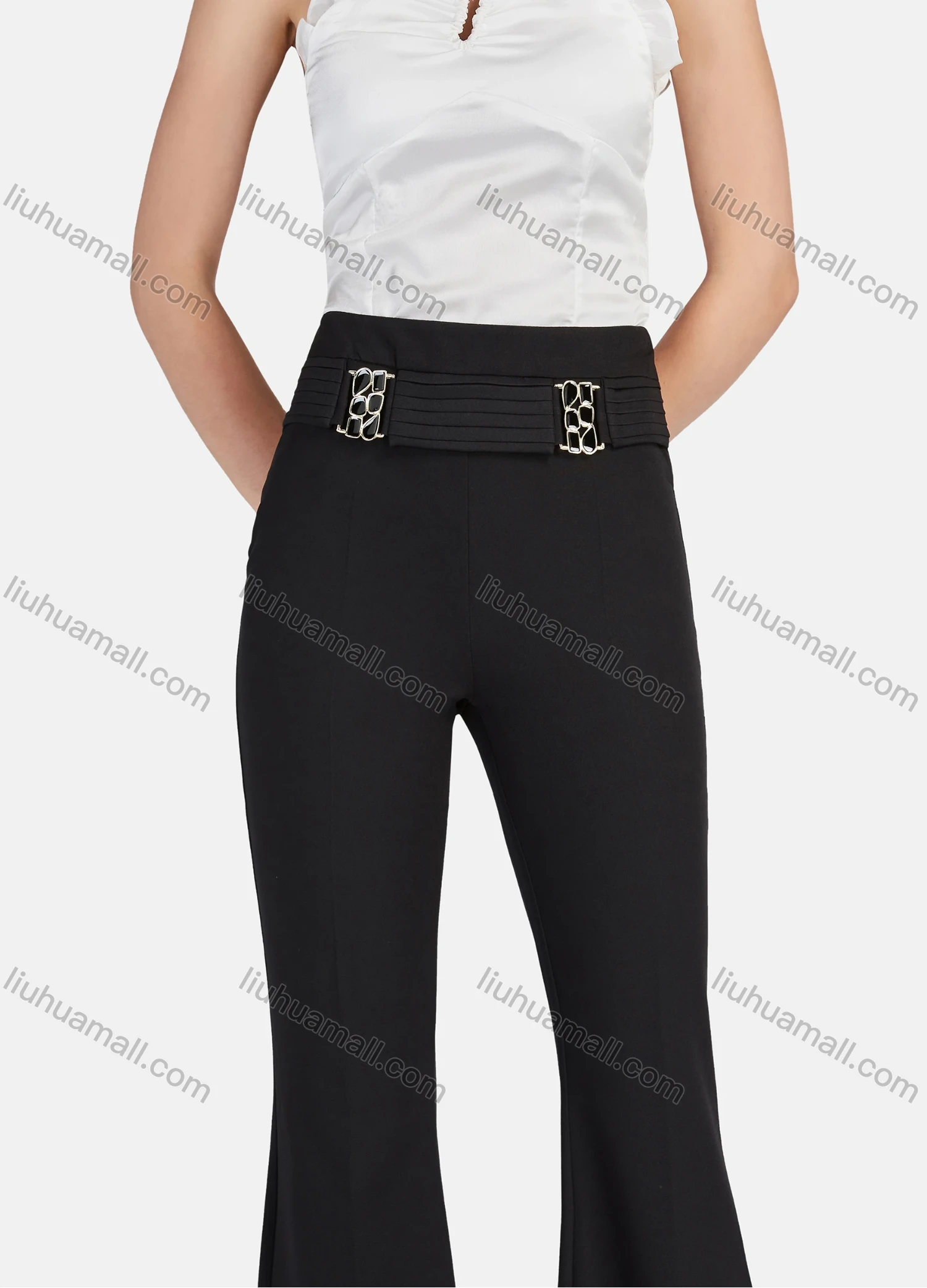 Wholesale Women's Elegant Plain Elastic High Waist Flare Leg Pants - Liuhuamall