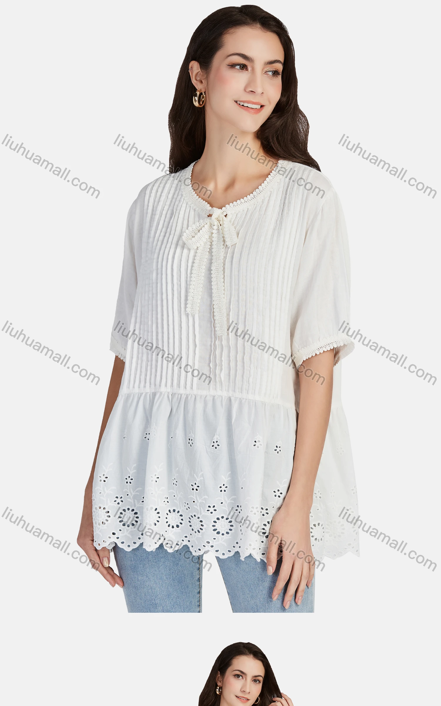 Wholesale Women's Casual Tie Neck Short Sleeve Ruched Eyelet Embroidered Blouse 66017# - Liuhuamall