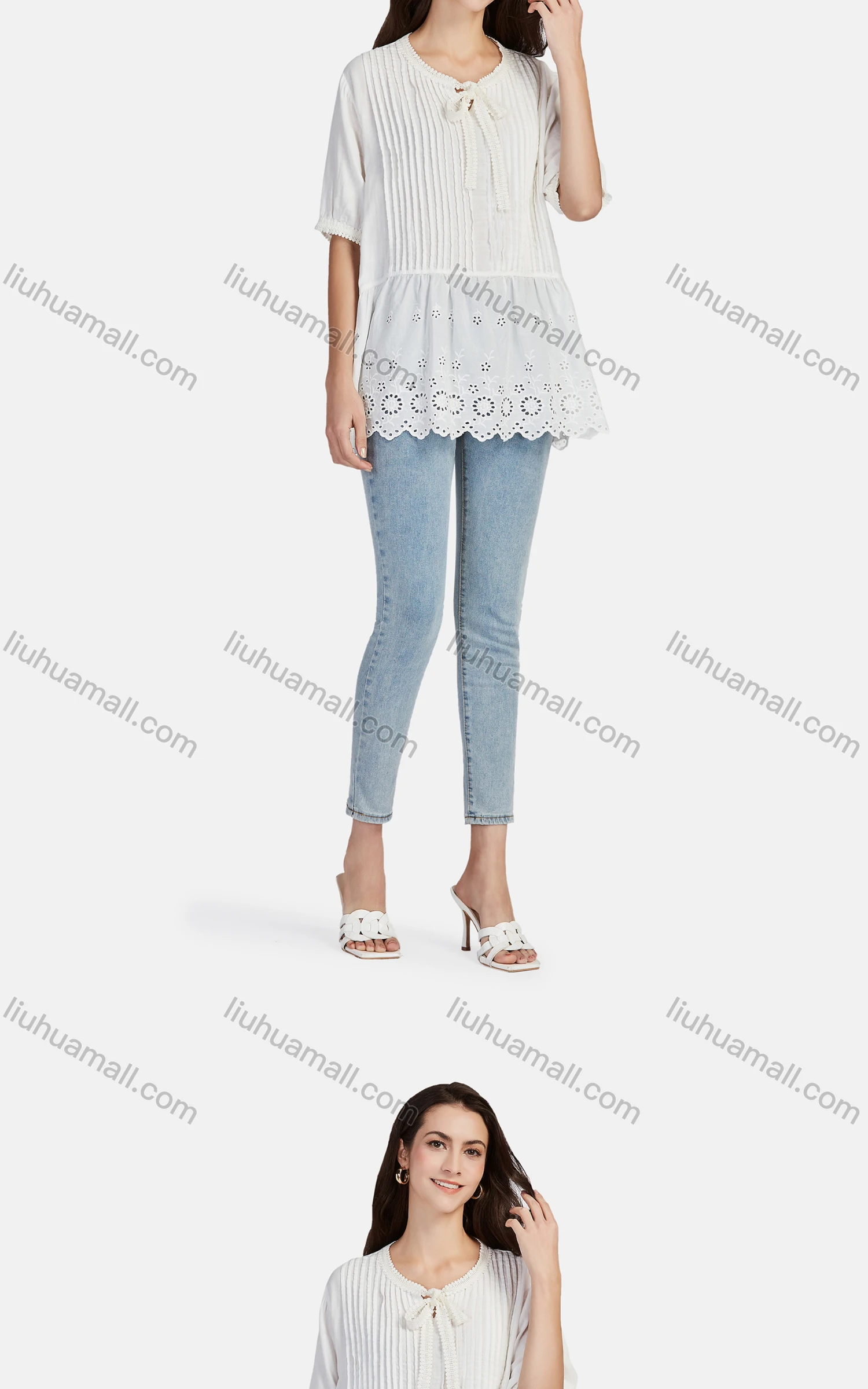 Wholesale Women's Casual Tie Neck Short Sleeve Ruched Eyelet Embroidered Blouse 66017# - Liuhuamall