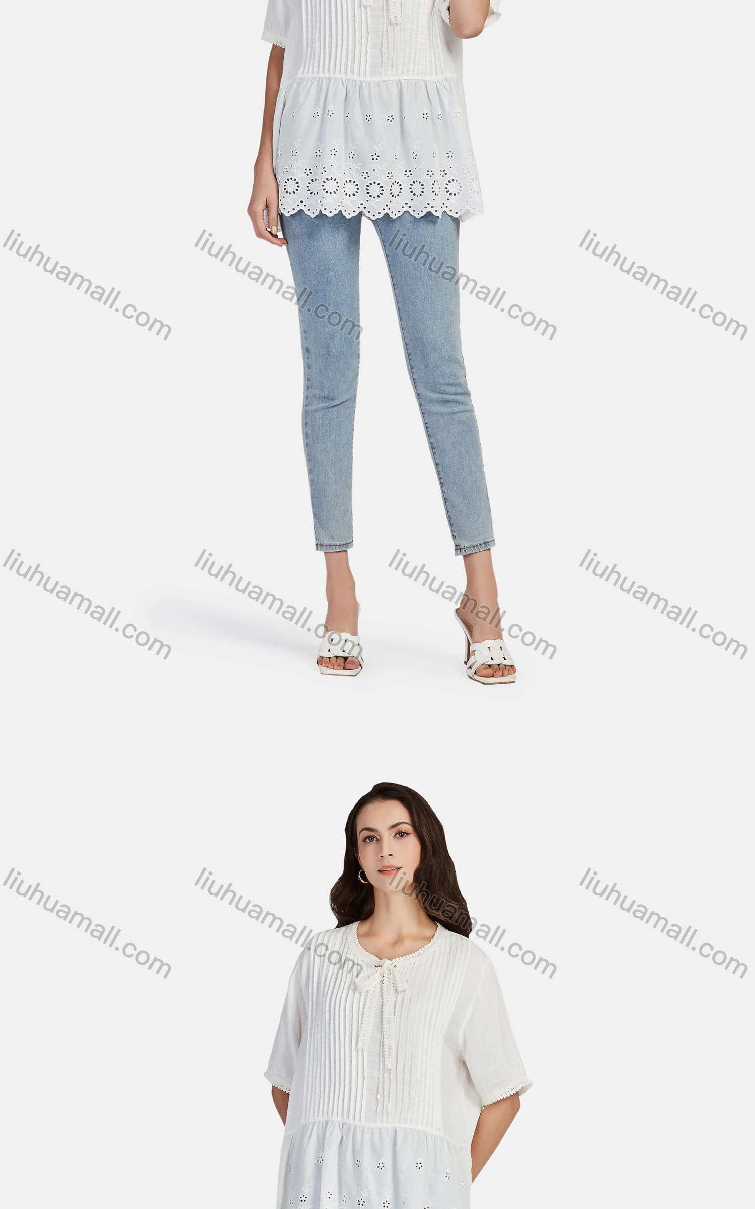 Wholesale Women's Casual Tie Neck Short Sleeve Ruched Eyelet Embroidered Blouse 66017# - Liuhuamall