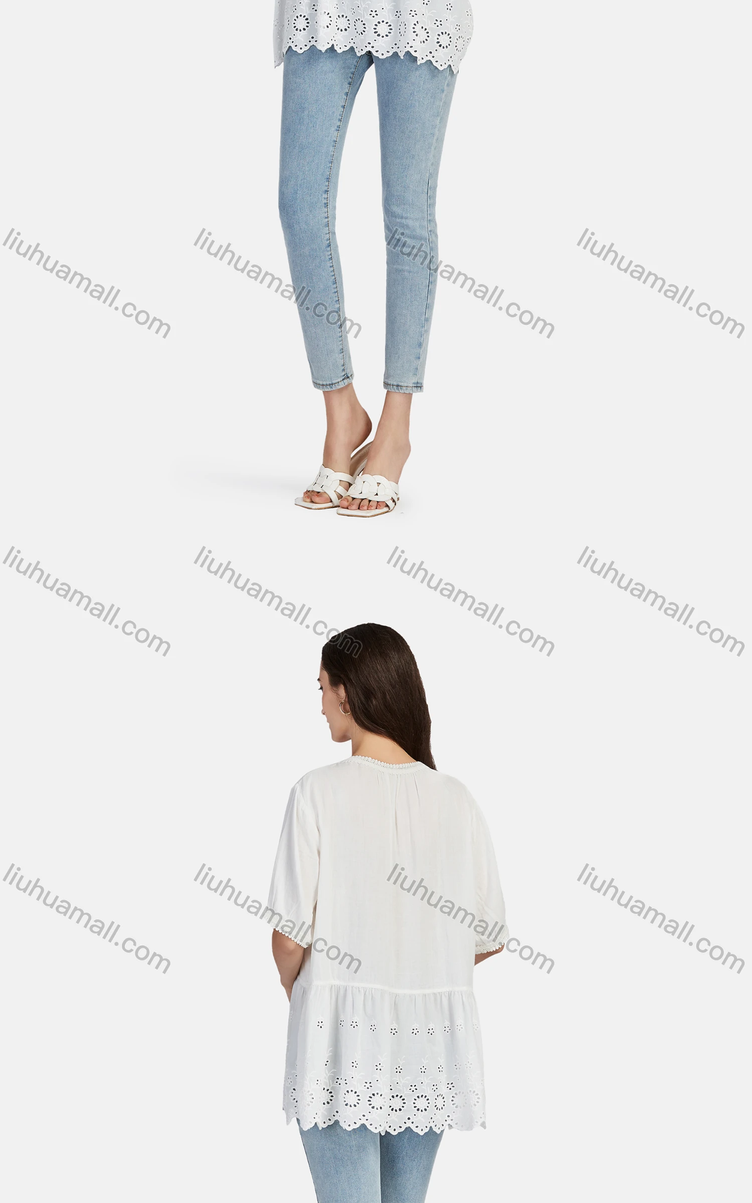 Wholesale Women's Casual Tie Neck Short Sleeve Ruched Eyelet Embroidered Blouse 66017# - Liuhuamall