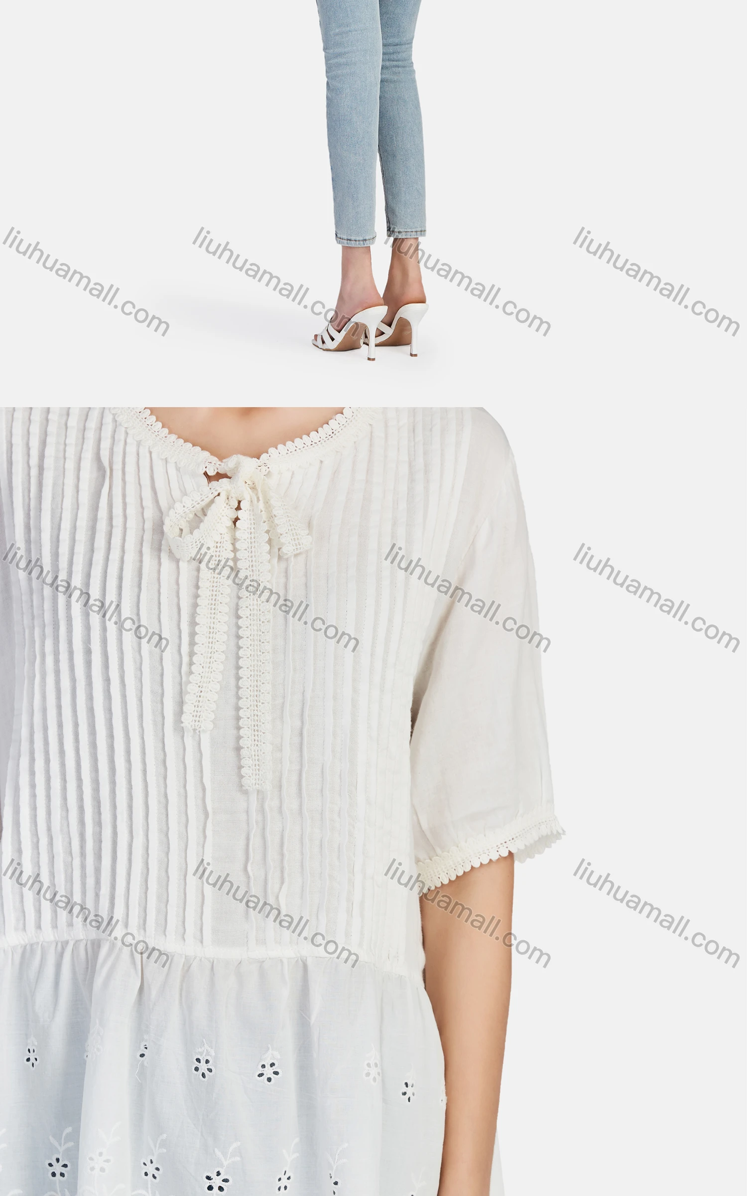 Wholesale Women's Casual Tie Neck Short Sleeve Ruched Eyelet Embroidered Blouse 66017# - Liuhuamall