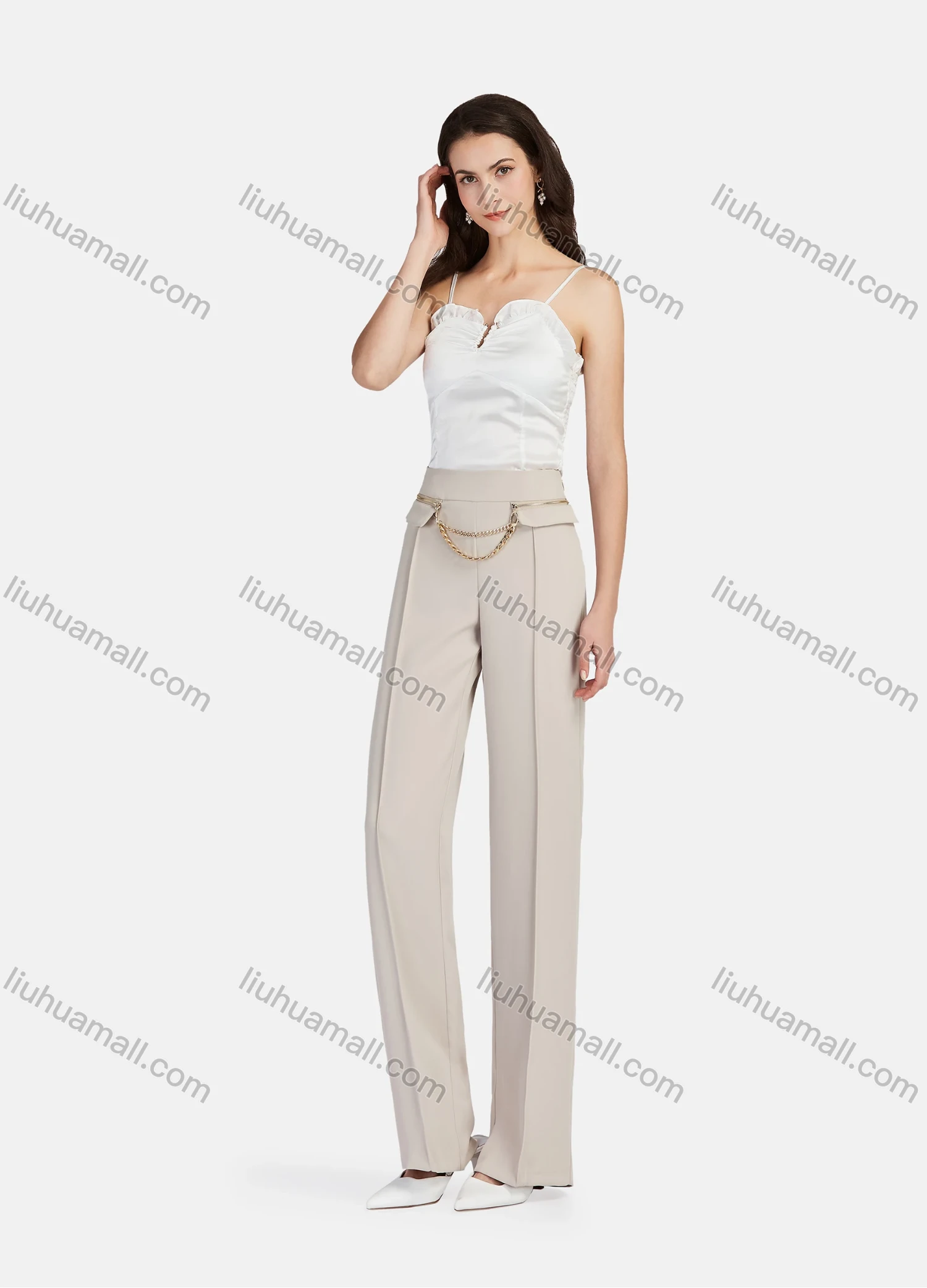 Wholesale Women's Elegant Plain High Waist Metal Chain Decor Ankle Length Straight Leg Pants - Liuhuamall