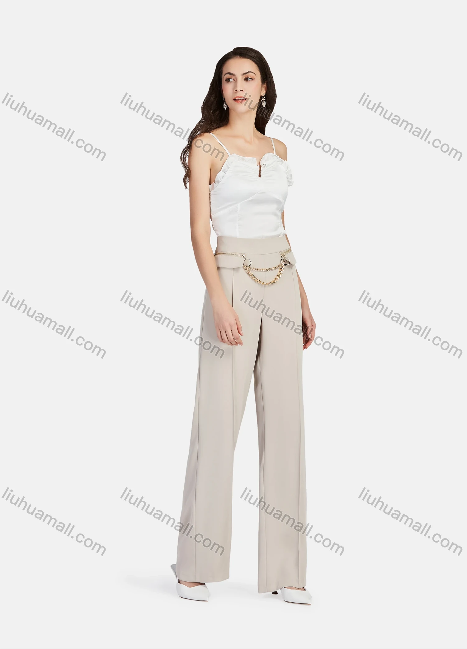 Wholesale Women's Elegant Plain High Waist Metal Chain Decor Ankle Length Straight Leg Pants - Liuhuamall