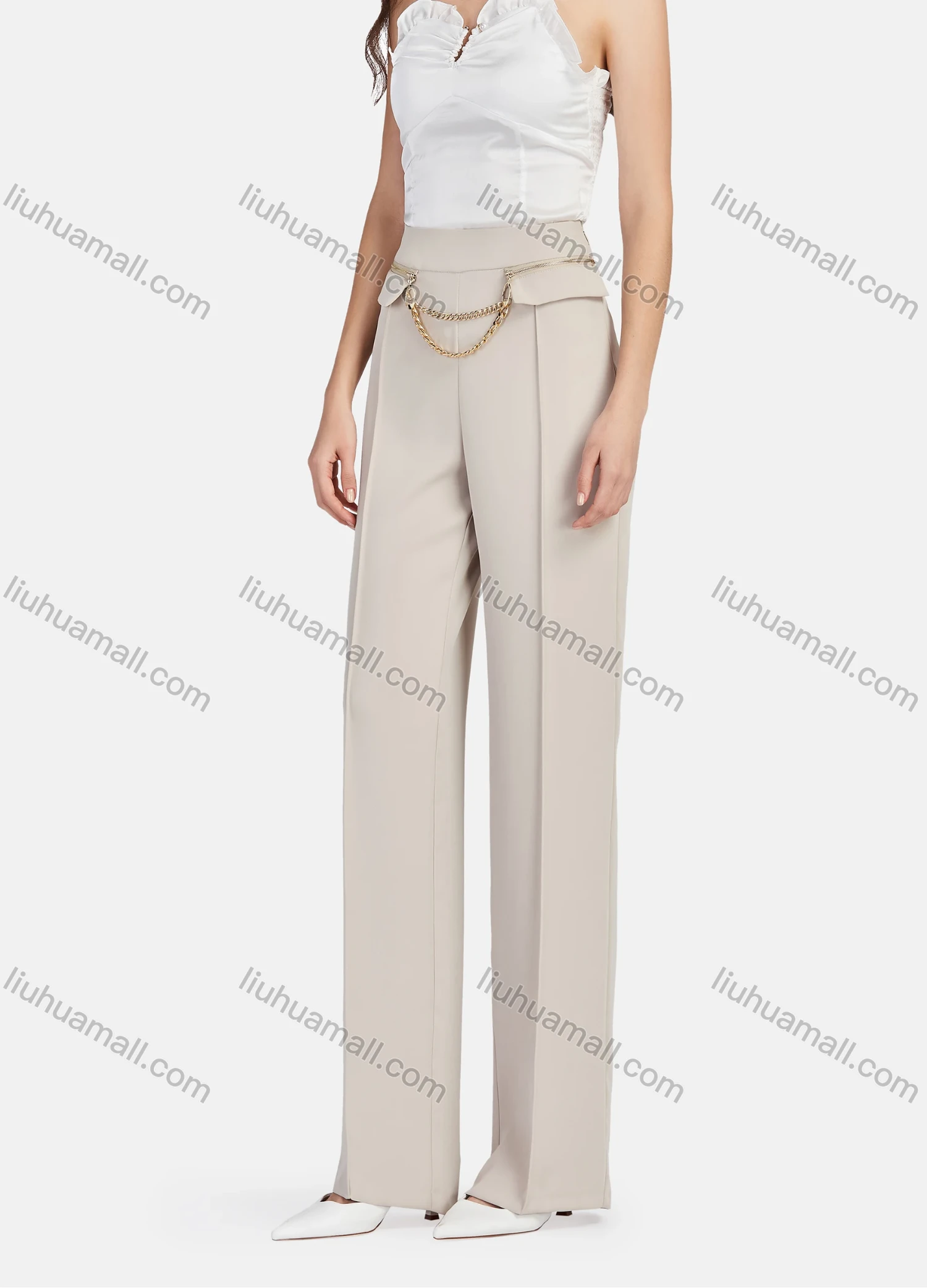Wholesale Women's Elegant Plain High Waist Metal Chain Decor Ankle Length Straight Leg Pants - Liuhuamall