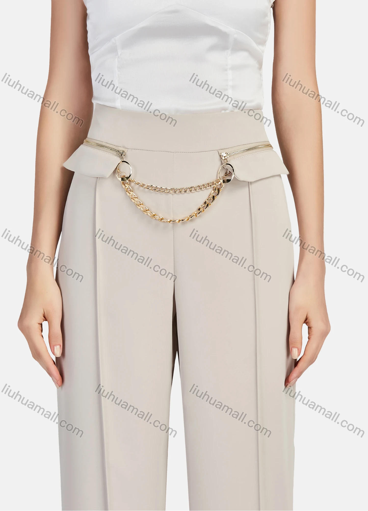 Wholesale Women's Elegant Plain High Waist Metal Chain Decor Ankle Length Straight Leg Pants - Liuhuamall