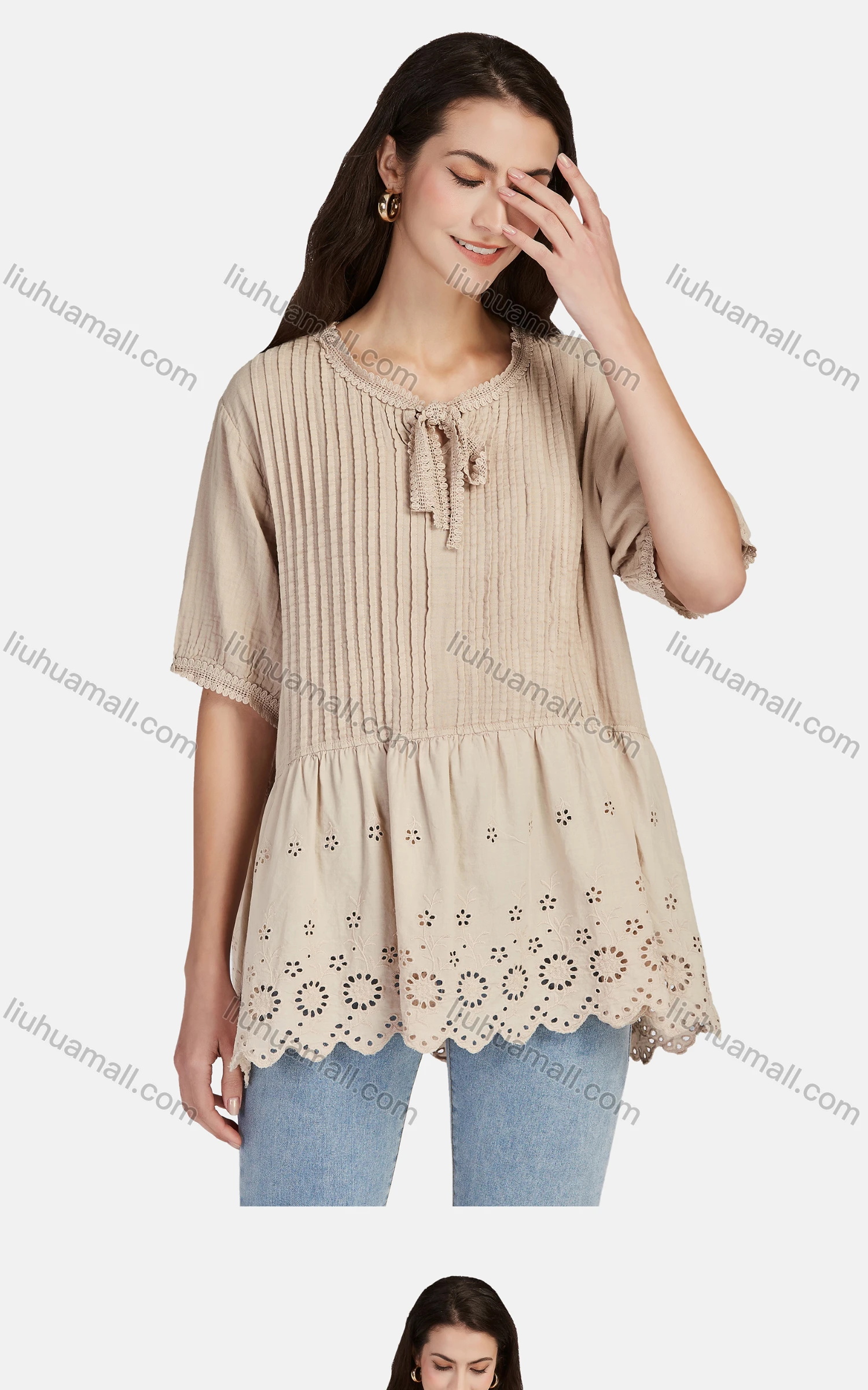 Wholesale Women's Casual Tie Neck Short Sleeve Ruched Eyelet Embroidered Blouse 66017# - Liuhuamall