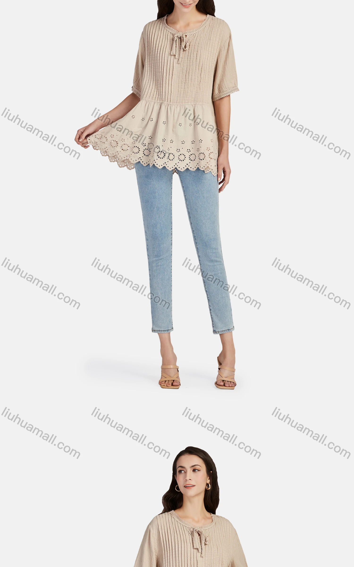 Wholesale Women's Casual Tie Neck Short Sleeve Ruched Eyelet Embroidered Blouse 66017# - Liuhuamall