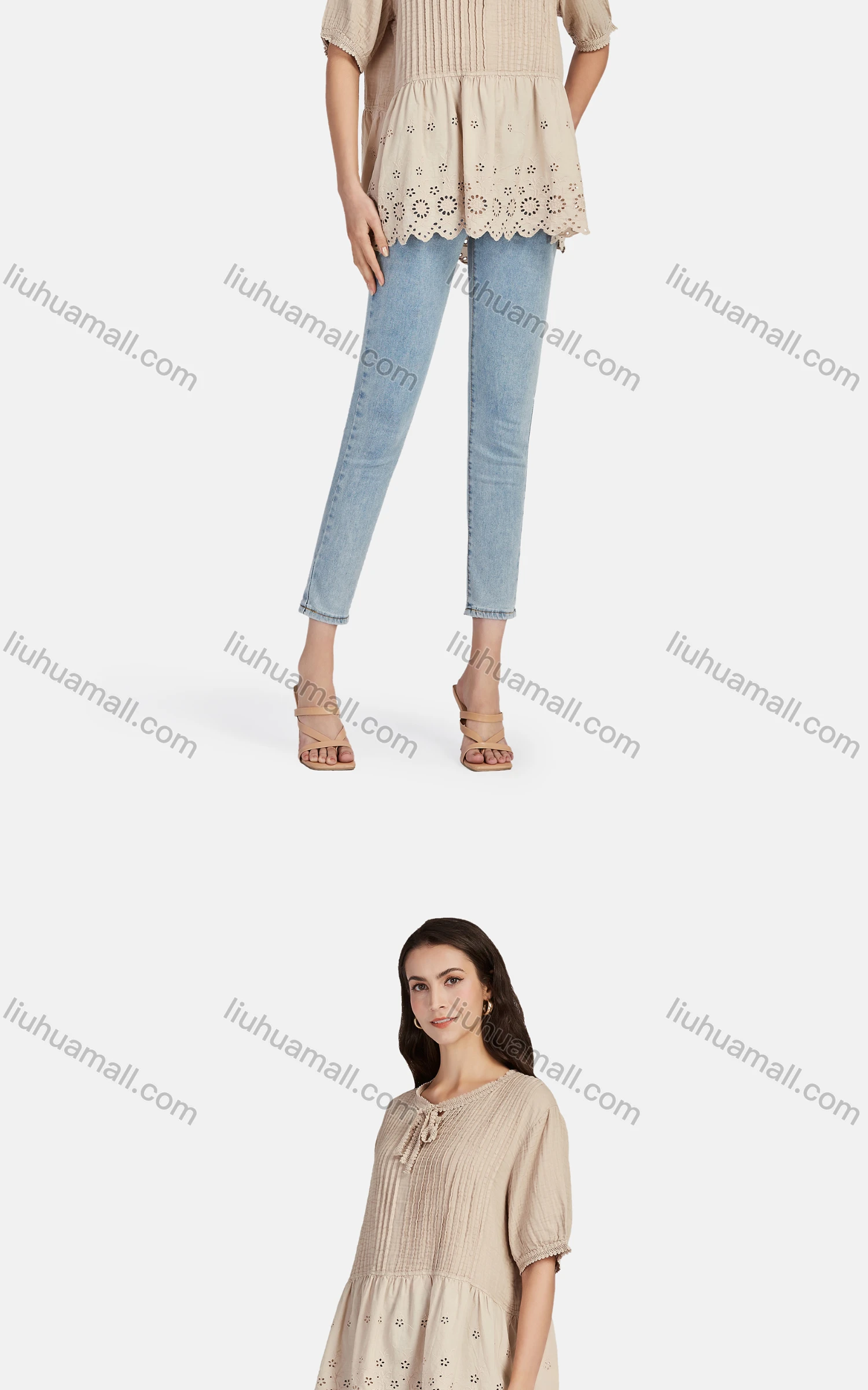 Wholesale Women's Casual Tie Neck Short Sleeve Ruched Eyelet Embroidered Blouse 66017# - Liuhuamall