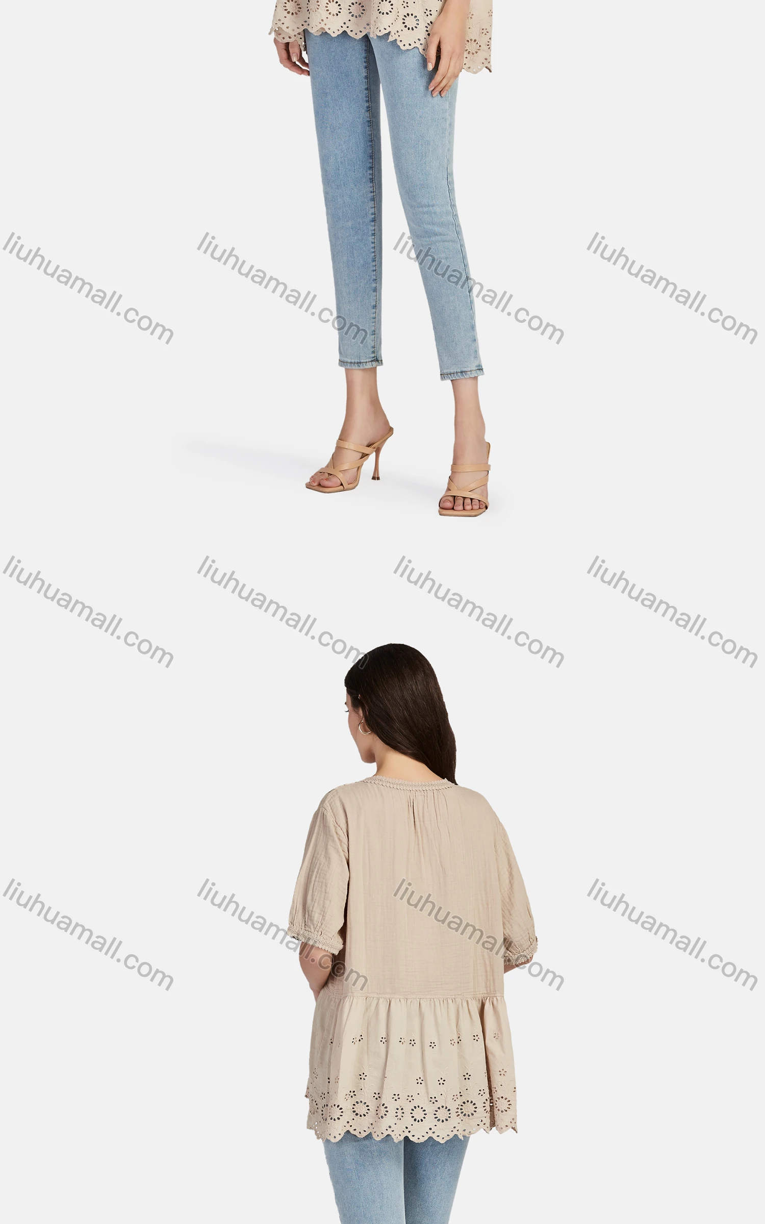 Wholesale Women's Casual Tie Neck Short Sleeve Ruched Eyelet Embroidered Blouse 66017# - Liuhuamall